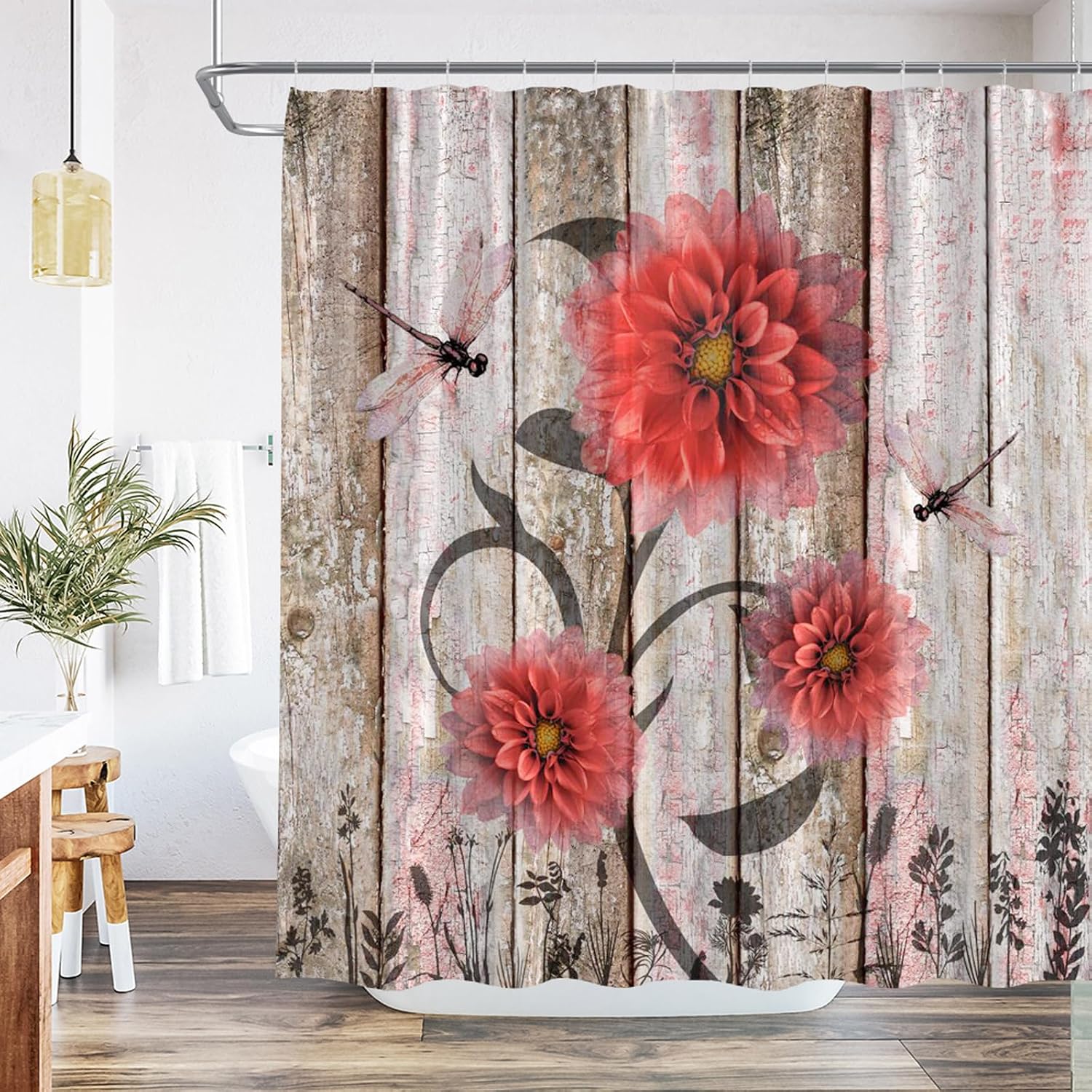 Rustic Wooden Teal Dahlia Floral Flower Dragonfly Shower Curtain Barnwood Old Garage Door American Native Country Farmhouse Decor Fabric Bathroom Set with Hook 84Wx70H Inch