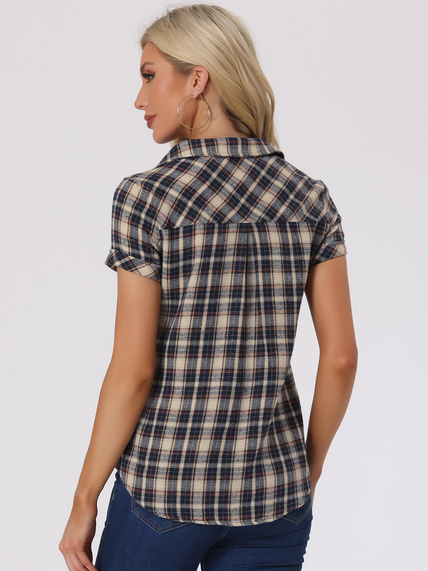 Allegra K Damen Kariertes Hemd Shirt Kariert Kurzarm Classic Oberteil mit Taschen Karo Bluse