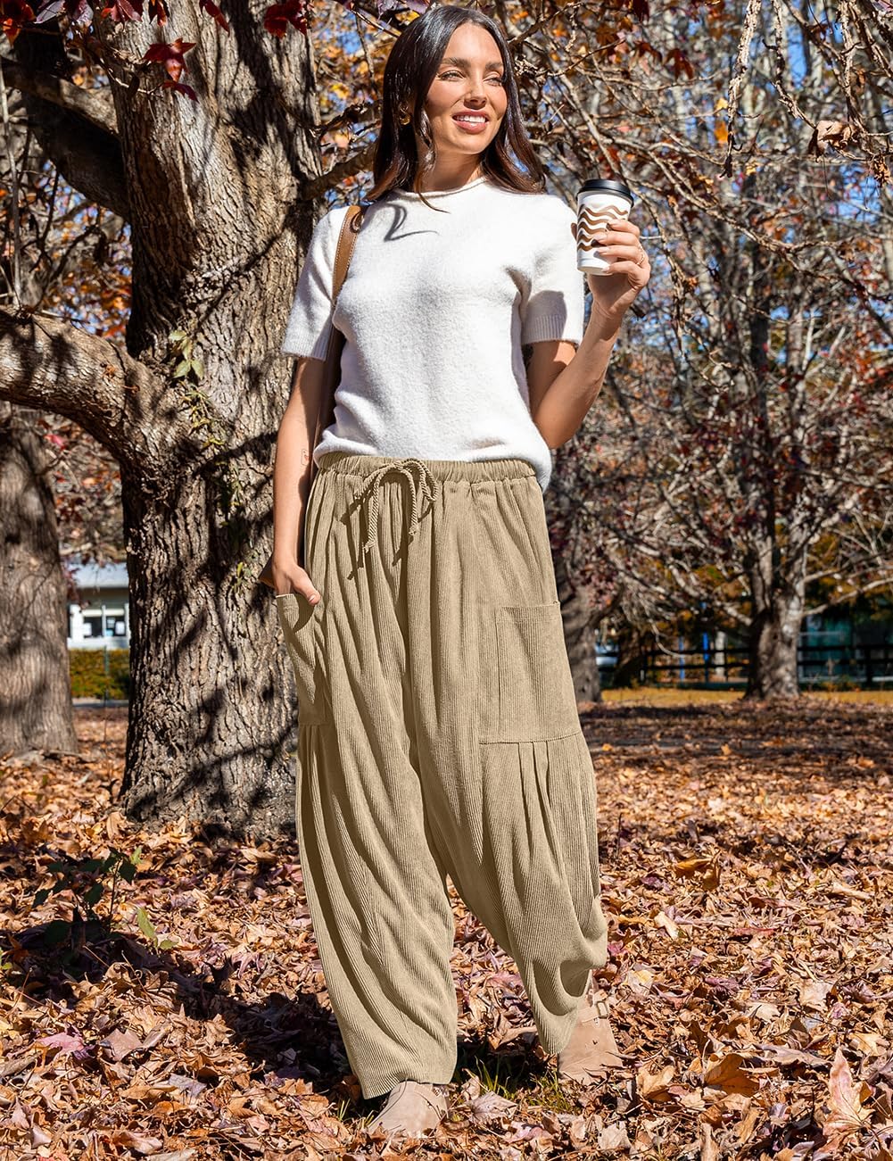 TARSE Womens Corduroy Pants Barrel Casual Loose Baggy Drawstring Wide Leg Palazzo Harem Pants with Pockets - Image 4