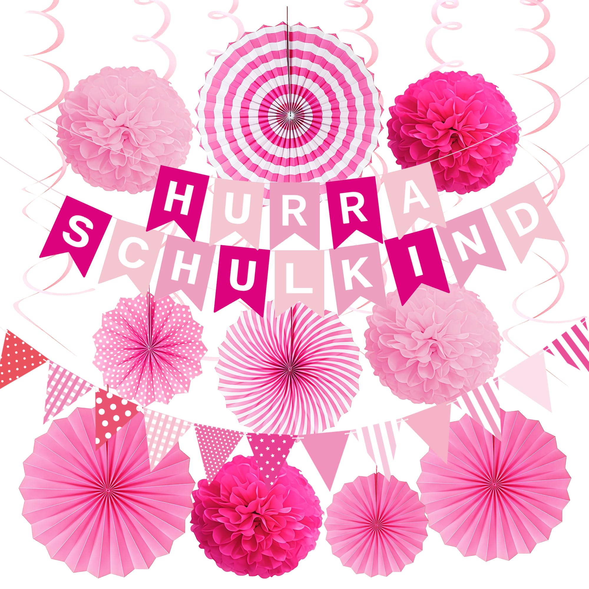 SCHULKIND 2026 Deko Einschulung Mädchen Junge Deko,HURRA SCHULKIND Girlande+Wimpelkette+Pompons+Papier Fächer+Papierwirbel Geschenke zur Einschulung Schulkind Schulanfang Schuleinführung Deko