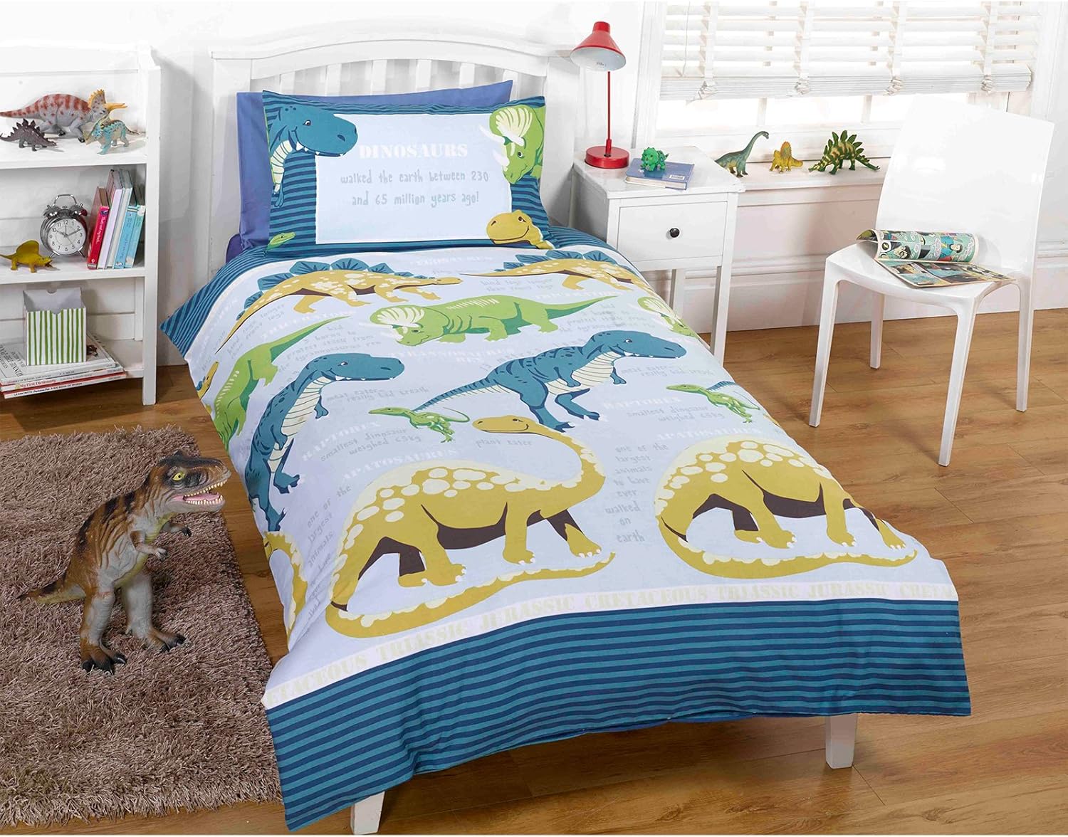 Just Contempo BOYS DINOSAUR DUVET COVER Kids Quilt Cover White Green