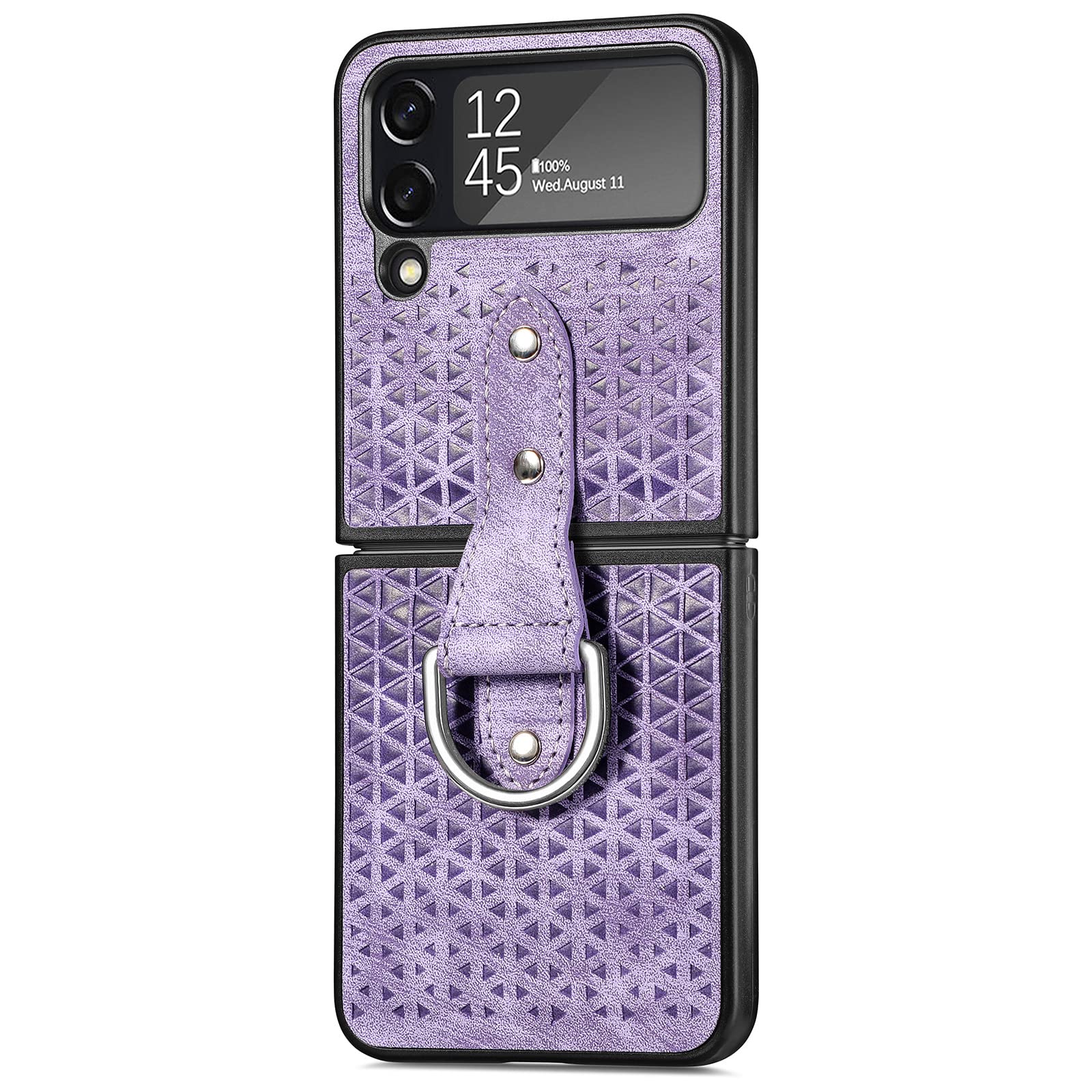 Coque Samsung Z Flip 4 en cuir violet avec anneau de support de protection ultra-mince intégrale