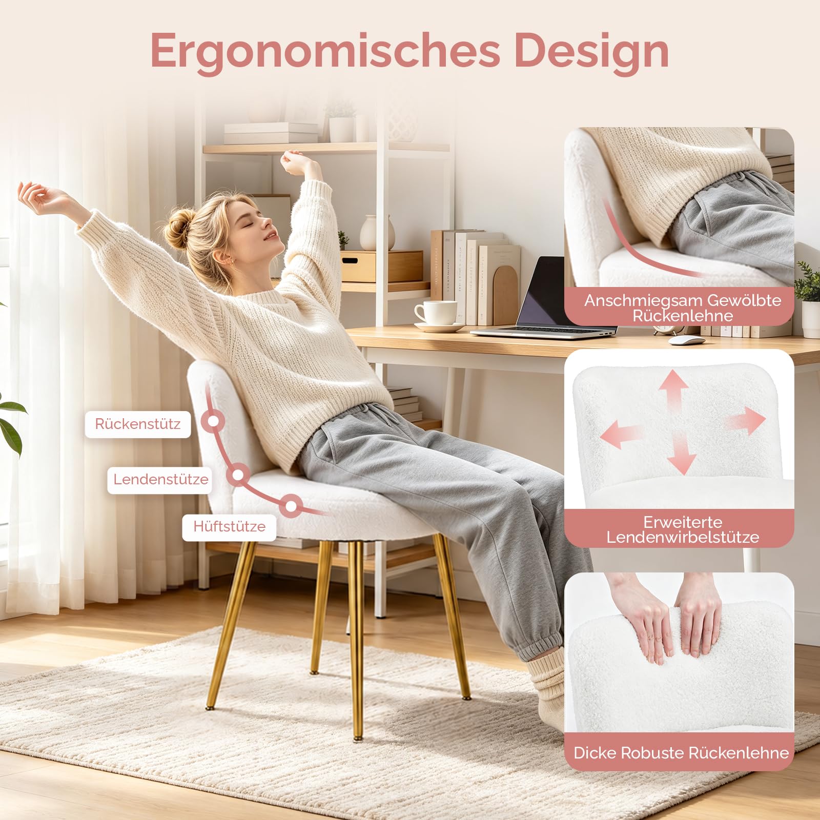 VINGLI Schminkstuhl mit Rückenlehne, Kompakter Polsterstuhl，Weiß