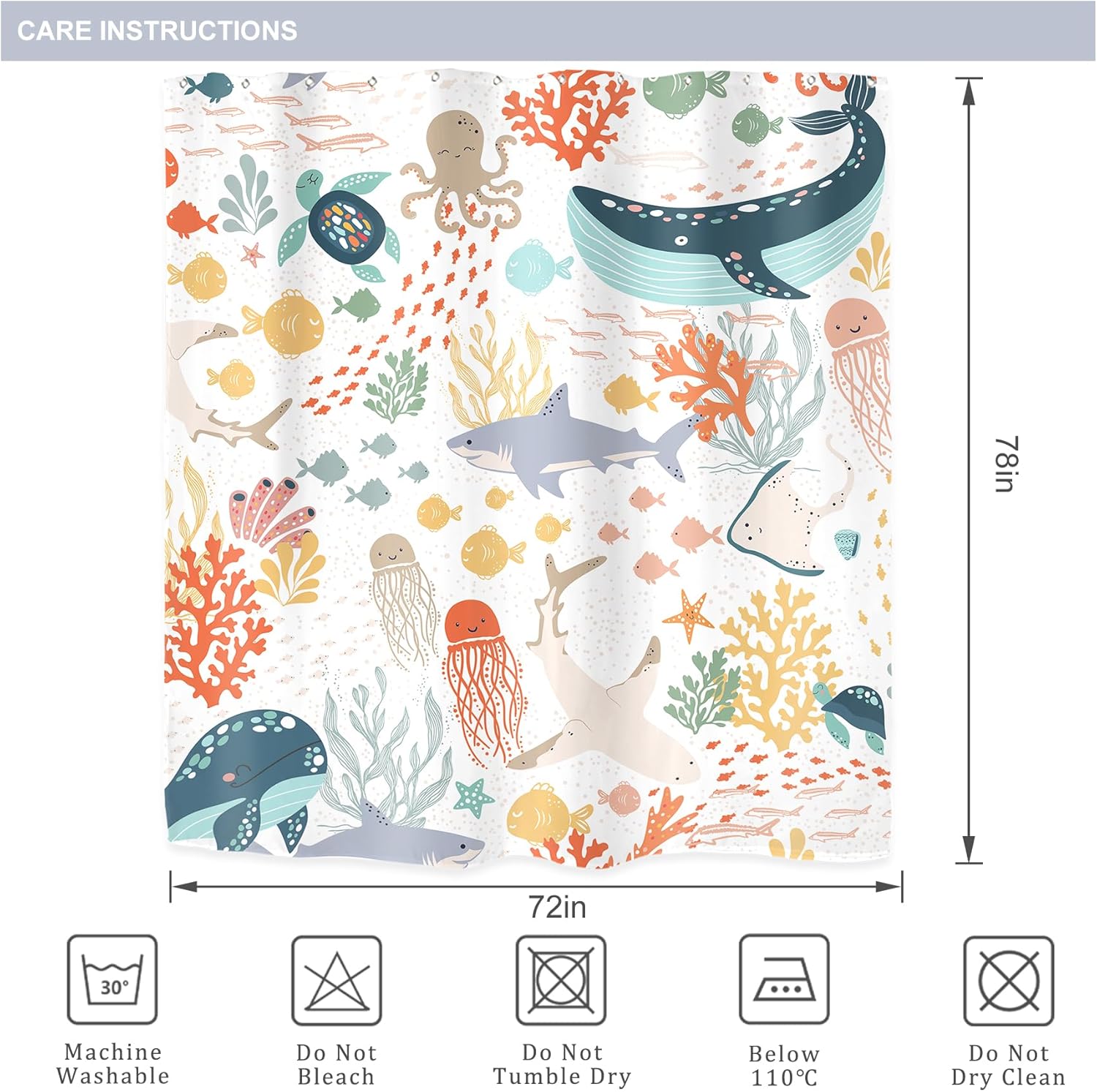 Riyidecor Kids Sea Animal Shower Curtain for Bathroom Decor 72Wx78H Cute Ocean Shark Fish Funny Cartoon Underwater Colorful Turtle Whale Art Printed Fabric Polyester Waterproof 12 Pack Plastic Hooks