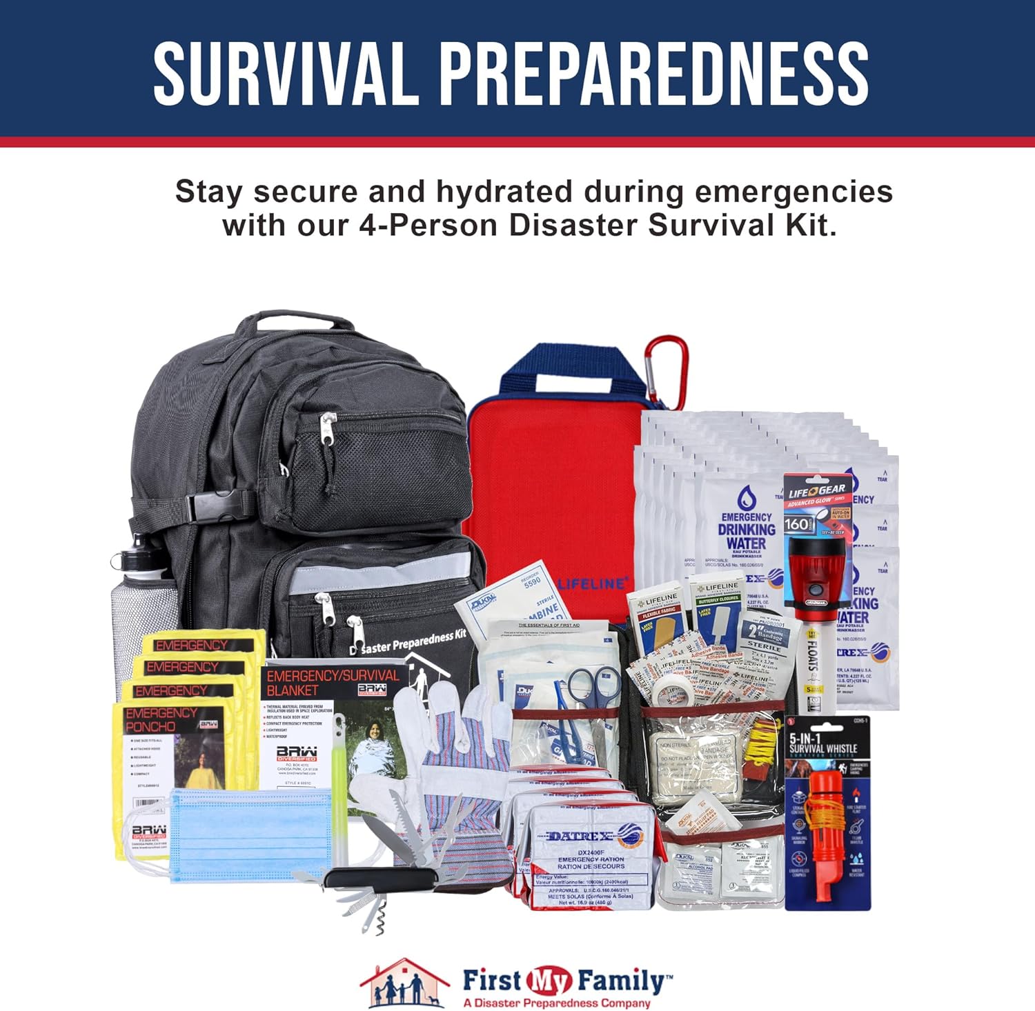 First My Family All-in-One 4-Person Premium Disaster Preparedness Survival Kit/Earthquake Kit with 72 Hours of Survival and First-Aid Supplies 4PKIT, FMF4PR