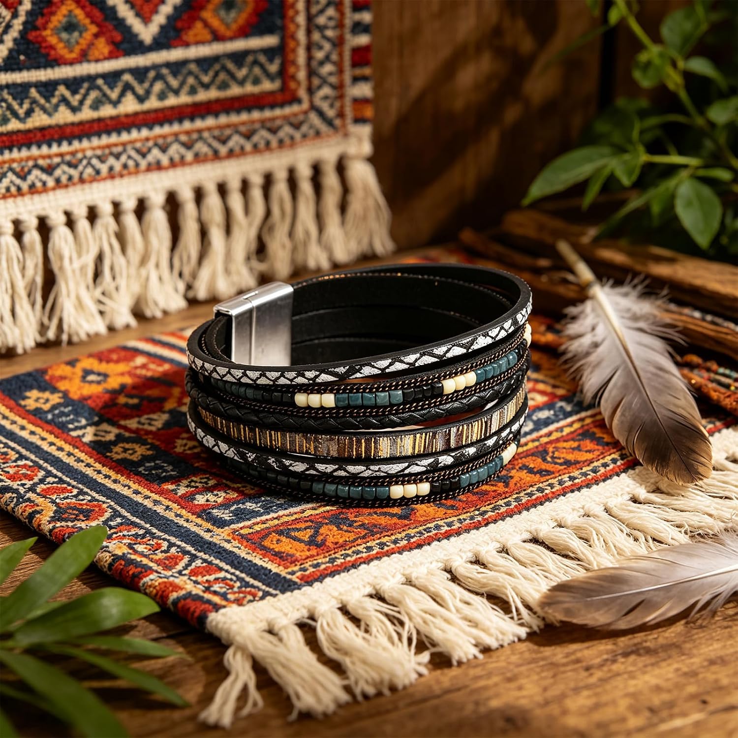 72ore Leather Wrap Bracelet for Women Men Boho Western Layered Braided Cuff Bracelet Casual Jewelry Gift Accessory