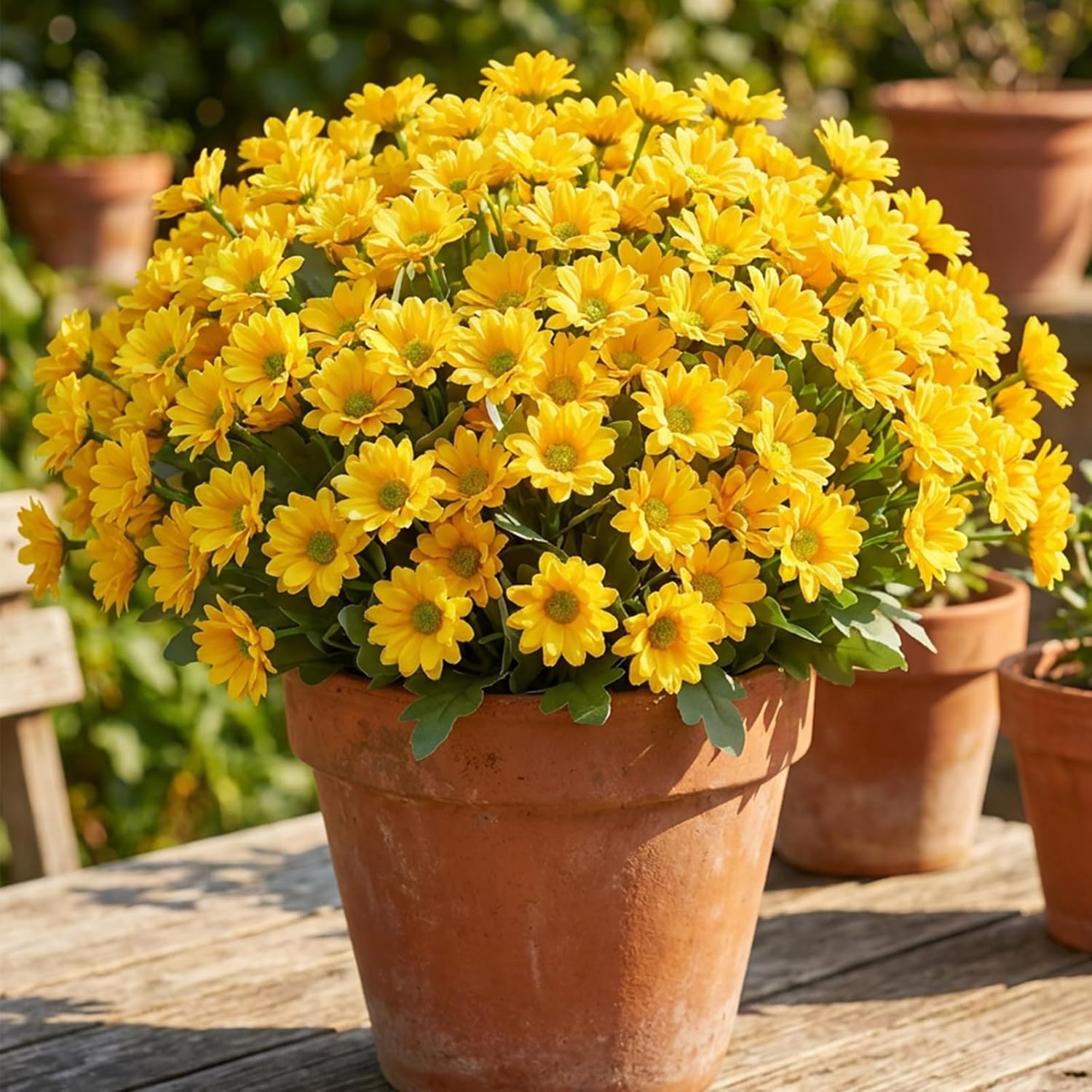 8 Bundle Artificial Flowers Lifelike Fake Yellow Daisies with 42 Blooms & 14 Branches per Each – Durable Mums for Outdoor/Indoor Year-Round Home, Wedding, and Garden Decor