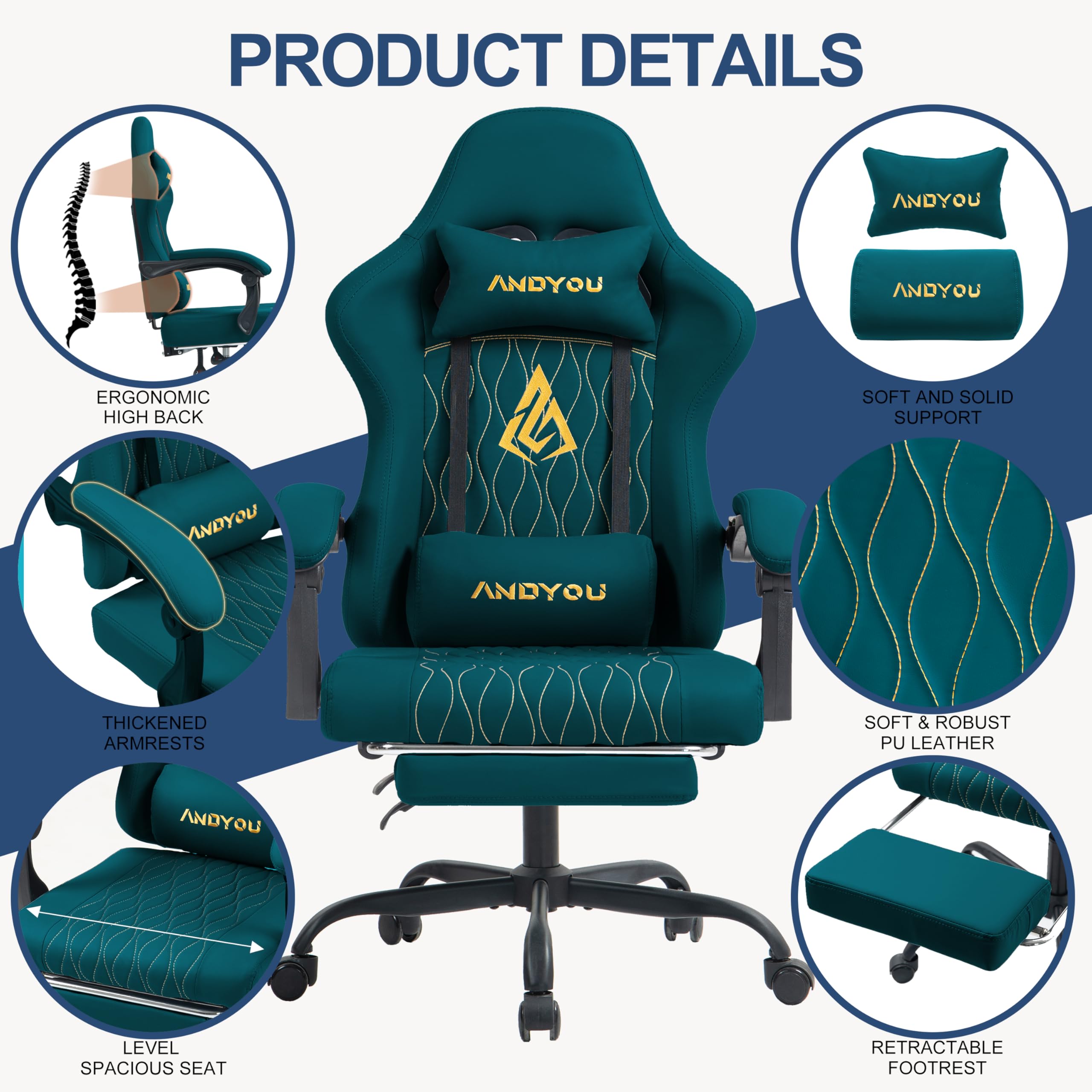 Andyou Silla Gaming Ergonómica Profesional con Soporte Lumbar - Silla Gamer para Adulto, Giratoria y Reclinable con Reposapiés Ajustable y Tela Transpirable, Soporte 150 kg para Oficina y PC