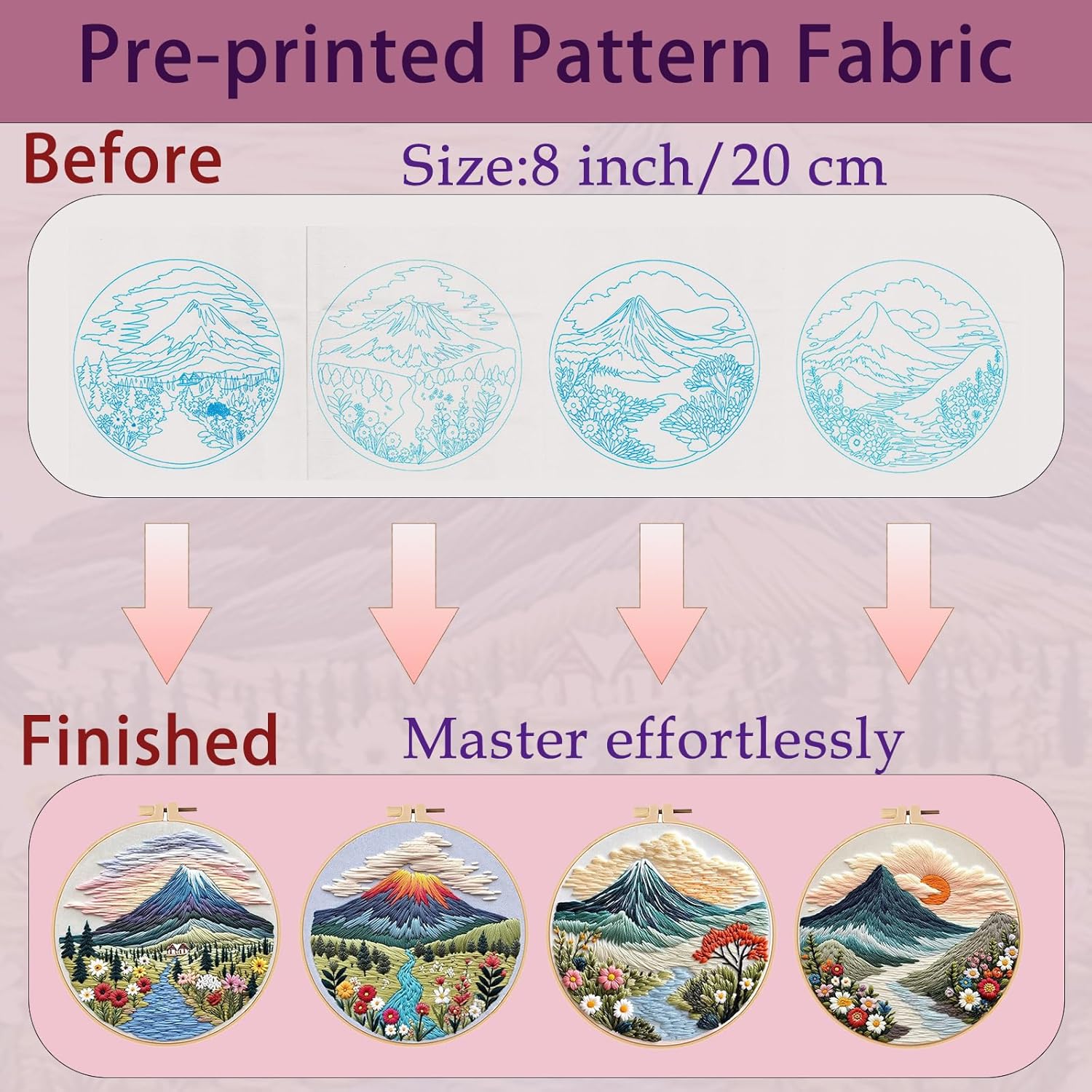 Vereela 4 Pack Embroidery Kit for Beginners with Stamped Flower Patterns, Cross Stitch Kits for Adults Hand Craft Lover Including Embroidery Hoops, Threads & Instructions