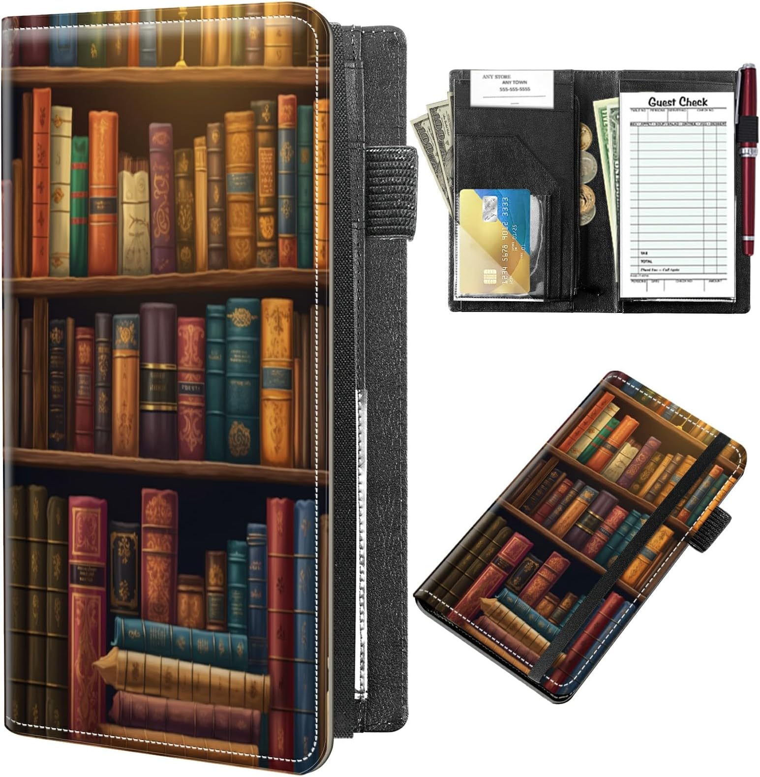 Server Books for Waitress 9 x 5 Inch,PU Leather Waiter Book Server Wallet with Zipper and Check Book Holder Money Pocket Waitstaff Organizer Fits Server Apro,Vintage Bookshelf