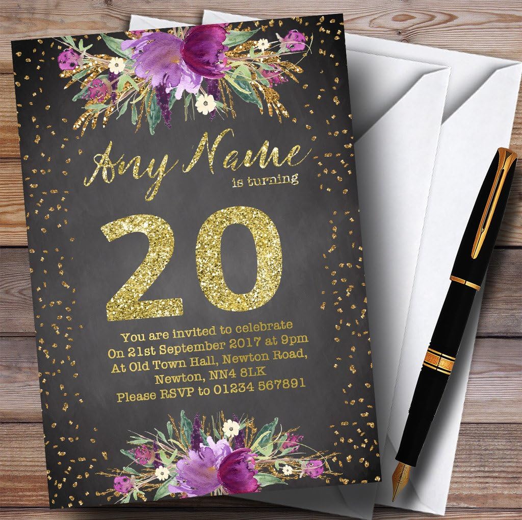 Chalk Watercolour Purple Gold 20th Personalized Birthday Party Invitations