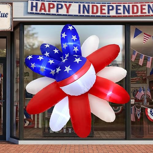 AerWo 5FT 4th of July Inflatables Outdoor, Red White Blue Daisy Flower Decor, Patriotic 4th of July Blow Up Inflatable with Built-in LED Lights for Lawn, Wall & Window Display for Holidays & Parties