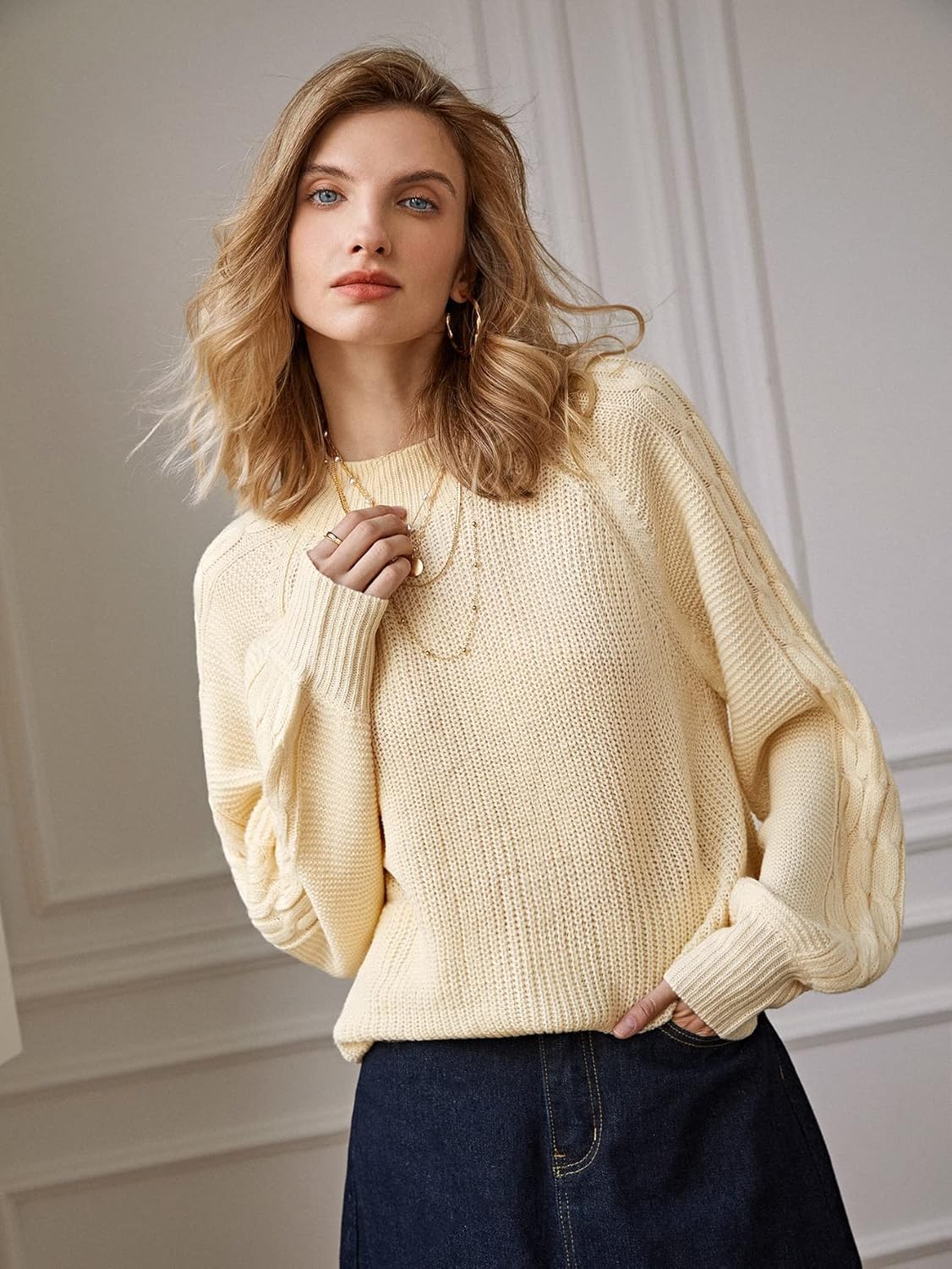 Women's Sweater Cable Knit Raglan Sleeve Sweater Sweater for Women (Color : Beige, Size : Medium)