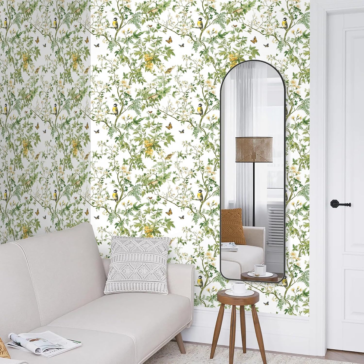 17.32"X393.7" Boho Floral Peel and Stick Wallpaper Green Flower and Birds Contact Paper DIY Self Adhesive Removable Wallpaper for Livingroom Bedroom Decor Modern Butterflies Leaf Wall Paper Vinyl Roll