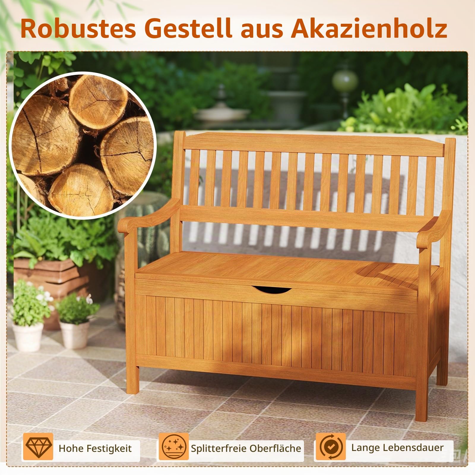 FANTASK Gartenbank Holz mit Stauraum, Aufbewahrungsbank für 2-Sitzer, Outdoor Balkonbank mit abnehmbarem Innensack bis 360kg belastbar, Natur