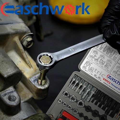 Miniatura 6 de Juego de 49 piezas de roscas SAE y kit de reenhebrado métrico con 22 grifos, 24 troqueles, archivos de 3 hilos y estuche de almacenamiento