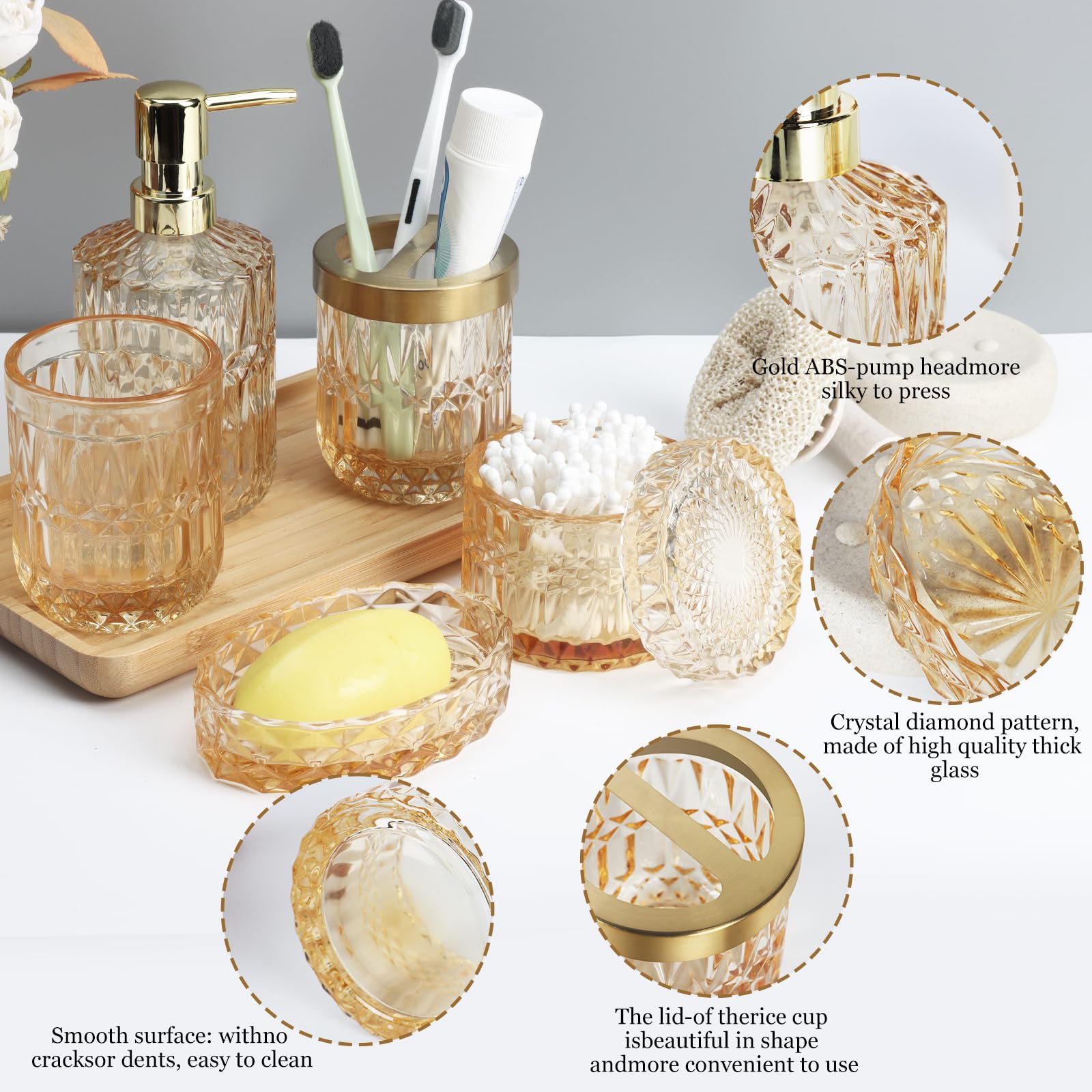 Set di 5 accessori da bagno in vetro dorato, set di accessori per il bagno, dispenser per lozioni, portasapone, porta spazzolini, bicchieri, bastoncini di cotone, set decorativo per bagno moderno,