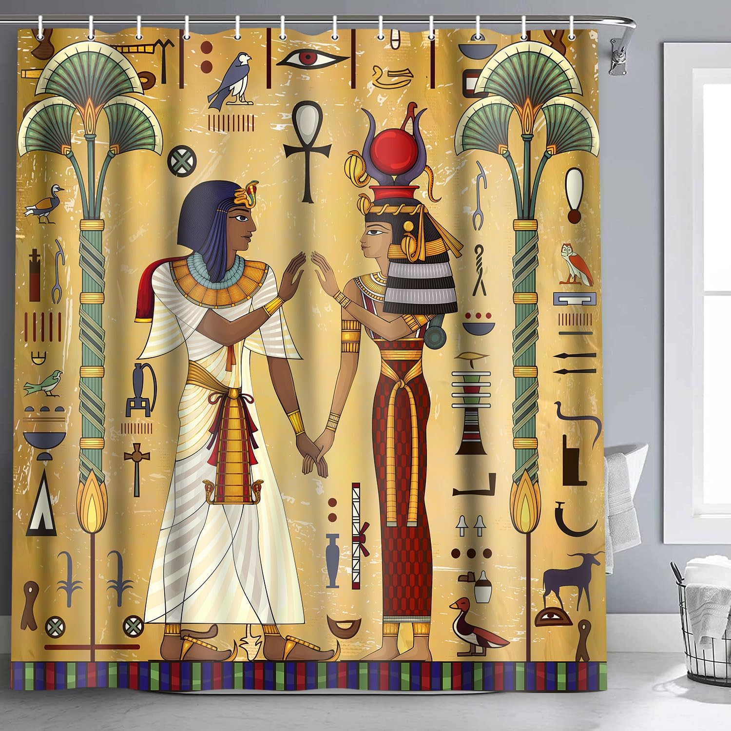 Ancient Egyptian Style Shower Curtain Egypt King Queen Timeless Grace Antique Tradition Symbol Tree, Polyester Cloth Fabric Bathroom Decor Set with Hooks, 72" W x 72" L
