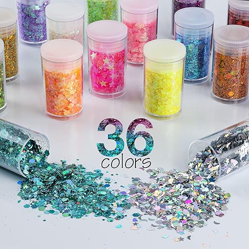 Miniatura 2 de Mezcla multicolor de purpurina gruesa y fina, 36 colores de lentejuelas gruesas y mezcla de polvo, copos de purpurina cosmética iridiscente para