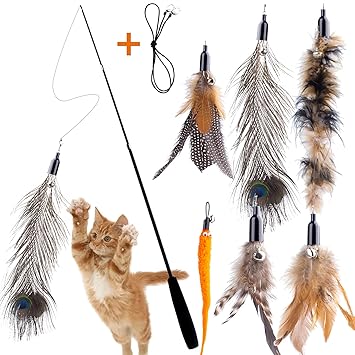 Retractable Cat Wand Toy for Indoor Cats Interactive Cat Feather Toys with Bell 8 Packs Kitten Toys with Fishing Pole Replaceable Worm Feather Tail Cat String Toy Gift for Indoor Outdoor