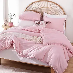 YIRDDEO Dust Pink Full Size Ball Pom Fringe Design Comforter Set 3pcs, Boho Aesthetic Luxurious Microfiber Comforter Set