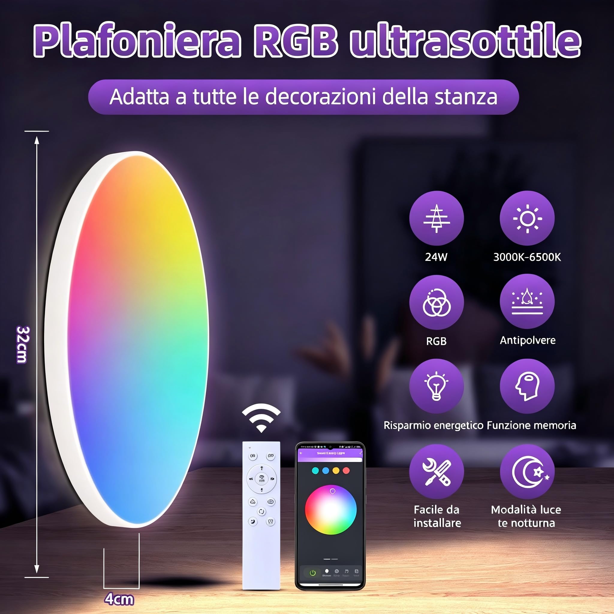 24W Plafoniera LED Soffitto Smart RGB IP44 Ø32CM Telecomando | 3000K-6500K Lampada a LED circolare per soffitto, ideale per soggiorno, camera da letto, bagno e studio musicale