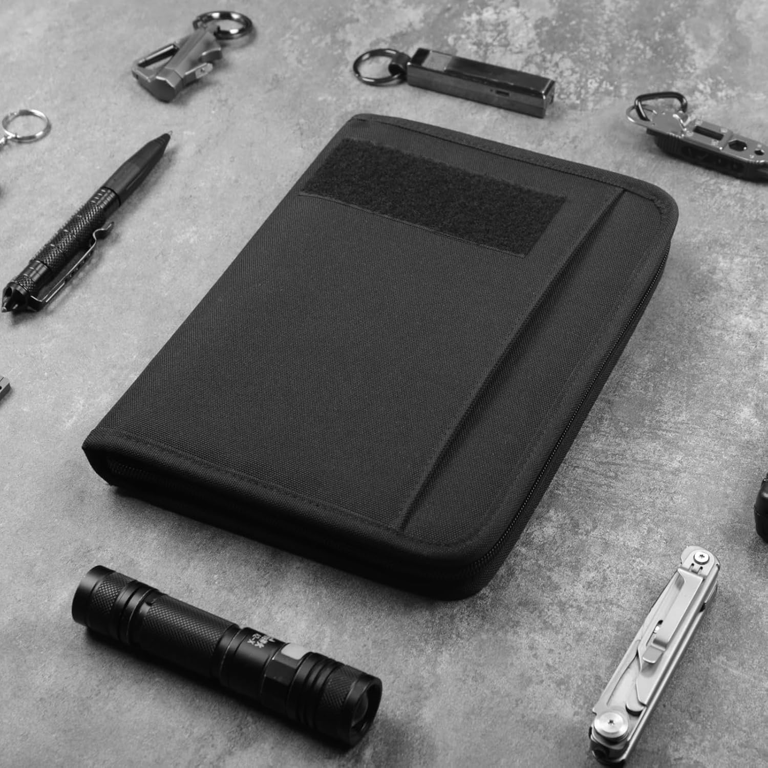 Kosibate Tactical Notebook Padfolio Ring Binder with 80 Sheets, Tactical Binder Zippered for Folders, Cards Refillable 6-Ring Notepad,Army Military Waterproof Notebook Cover(Black,7.3"x10.1")