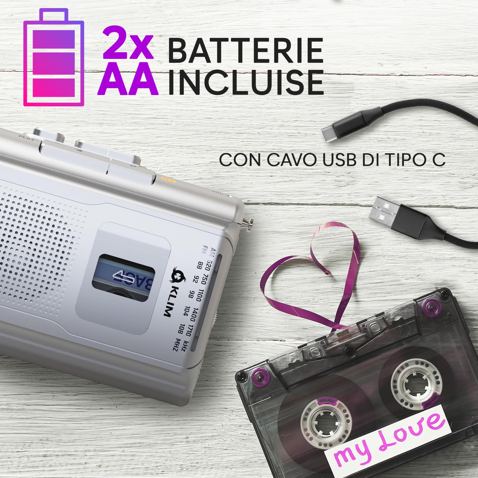 KLIM K8 Lettore Cassette Audio Registratore Radio AM/FM Argento
