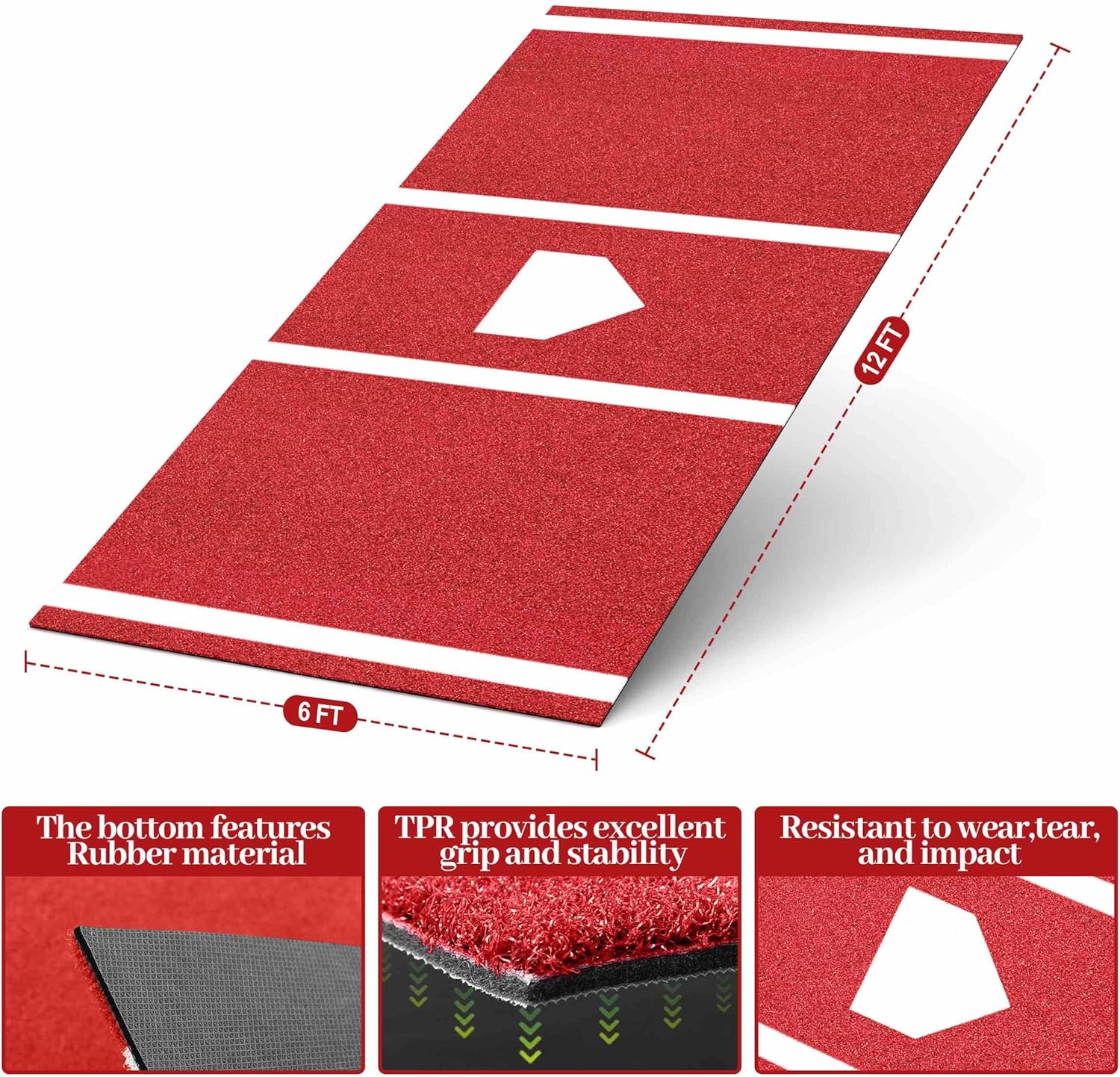 Baseball Hitting Mat Pro Batting Cage Mat Antislip TPR Rubber Backing with Home Plate for Baseball Softball Training Indoor and Outdoor