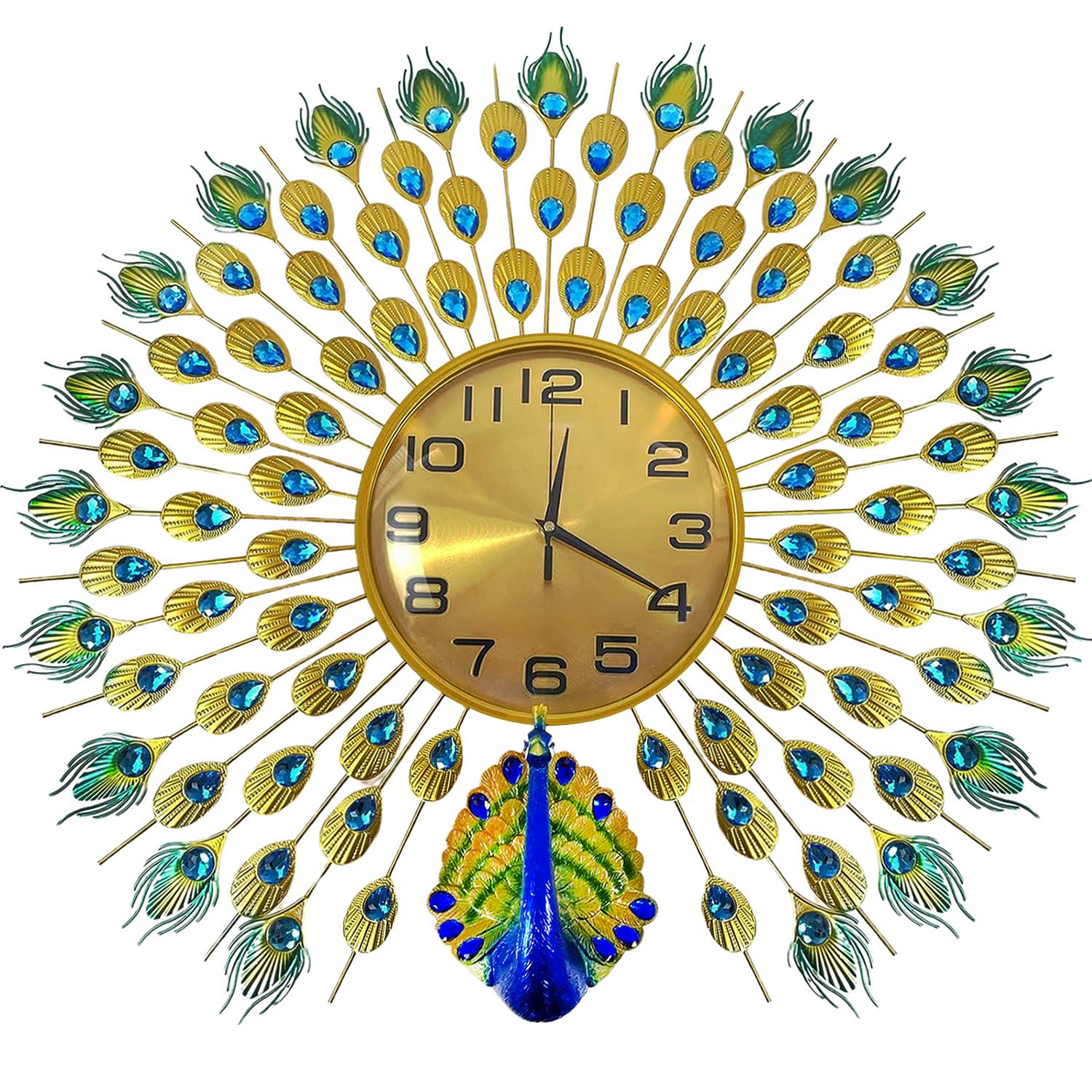 Crystals Peacock Wall Clock - Retro Wall Watch - Non Ticking Clock For Home Or Office - 70Cm