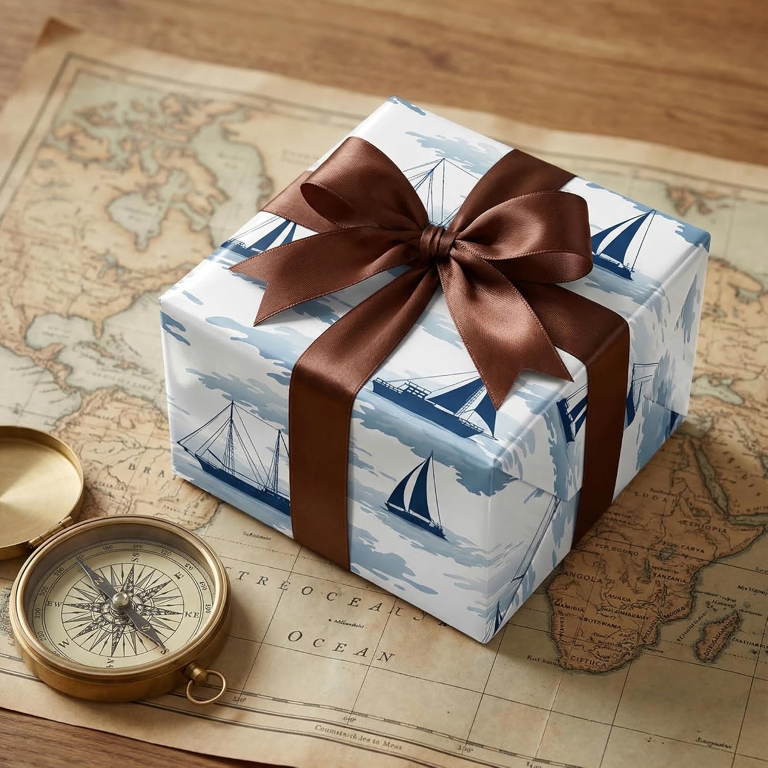 SaringSwoon Blue Ocean Wrapping Paper - Nautical Sailboat Gift Wrap with Ocean Boat and Waves Design for Birthday, Baby Shower, Summer, Father's Day, Graduation - 28×40 Inches, 4 Jumbo Folded Sheets