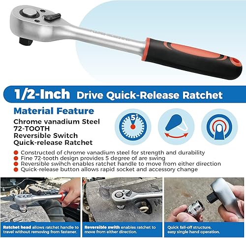 Miniatura 3 de Mango de trinquete de 12 pulgada, llave de trinquete, llave de enchufe, 72 dientes, reversible de liberación rápida, acero al cromo vanadio