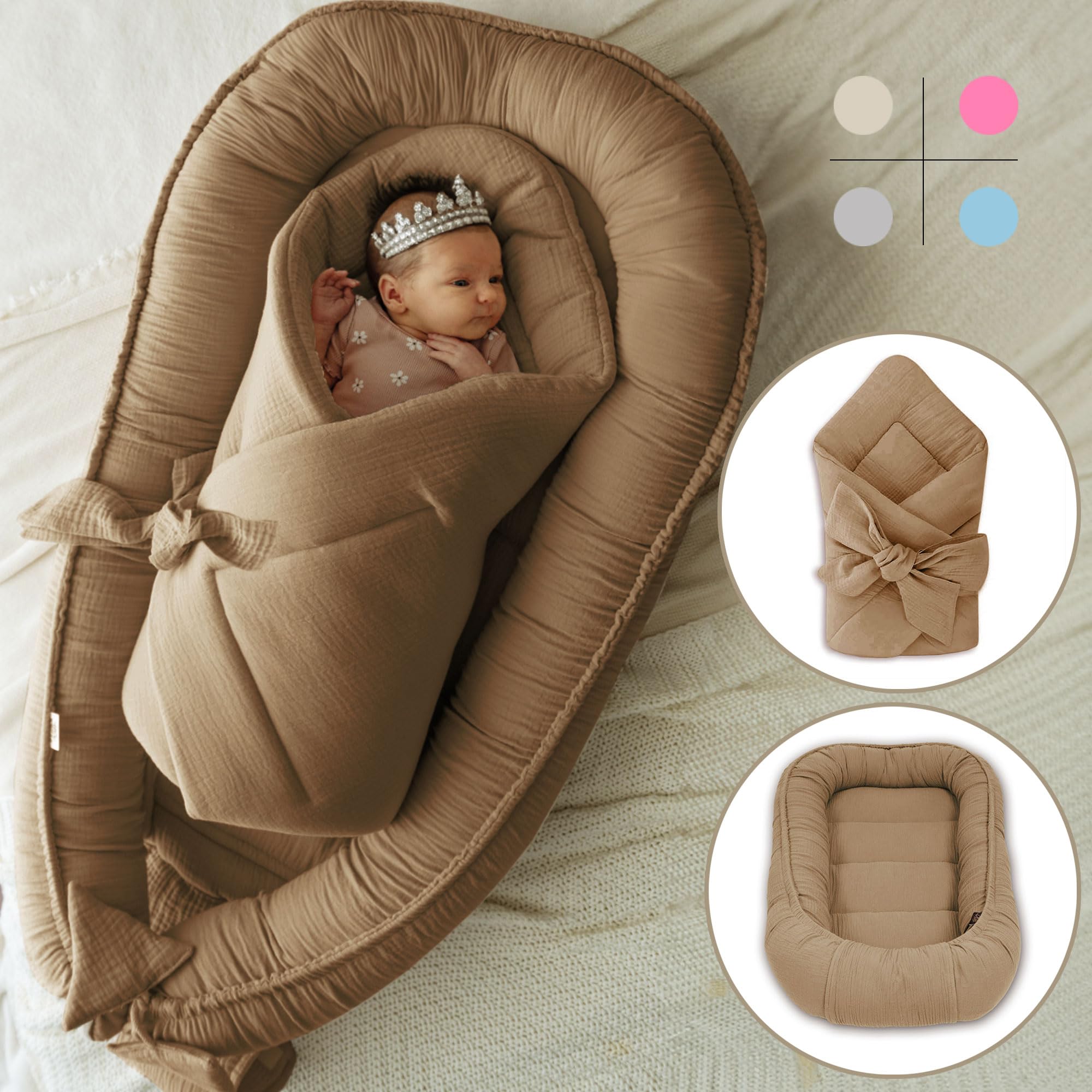 PaLulli® Set 2in1 Babynest und Einschlagdecke, 100% Musselinn, Baby Nestchen Set, Babynestchen - Baby Erstausstattung Babynestchen Neugeborene, Babynester Junge - mädchen (Braun)