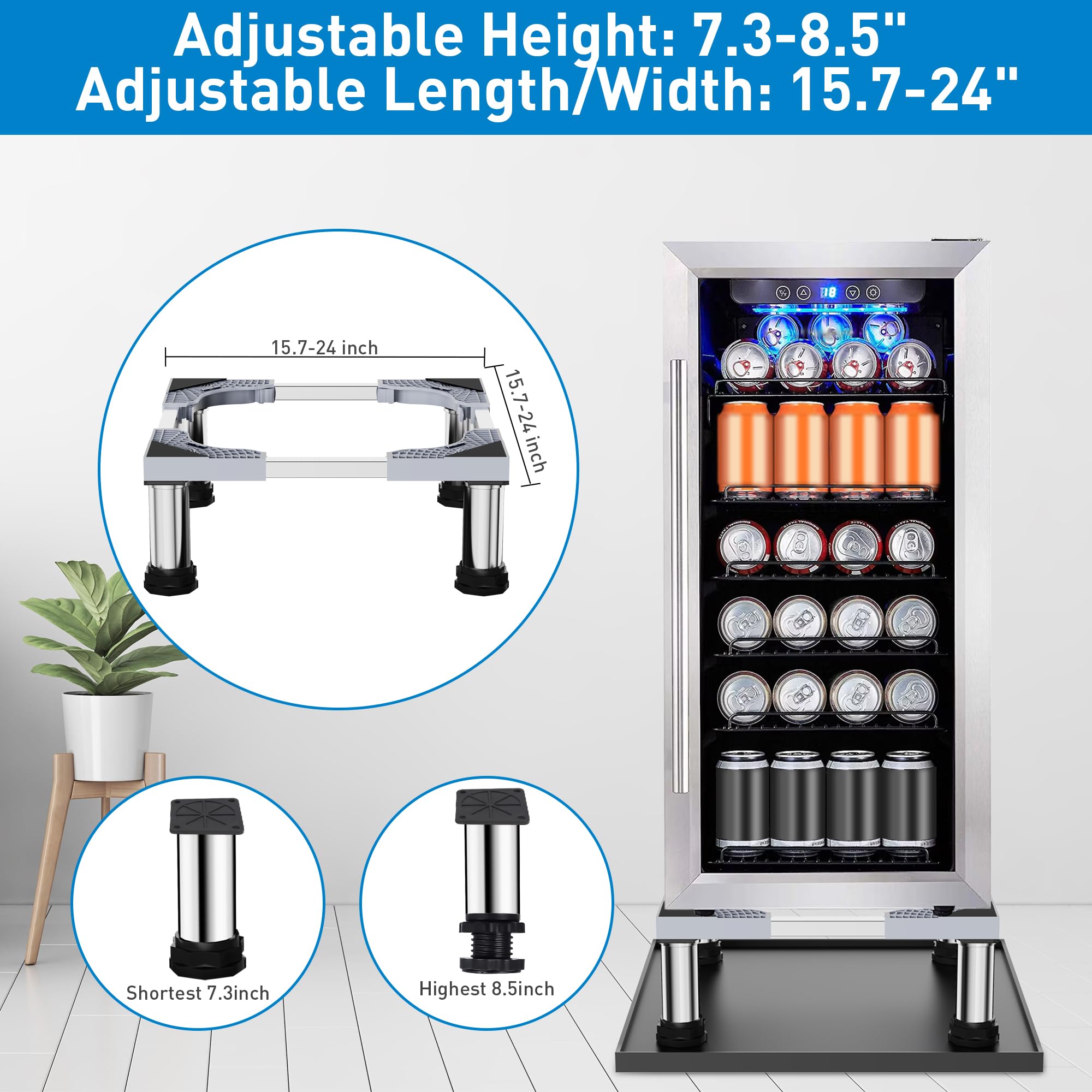 Mini Fridge Stand with Silicone Drip Tray, Adjustable 24''x24'' Refrigerator Stand with 4 Stainless Steel Feet, Dorm Fridge Stand Protects Floors from Leaks for Small Fridge, Portable Compact Washer or Dryer 2