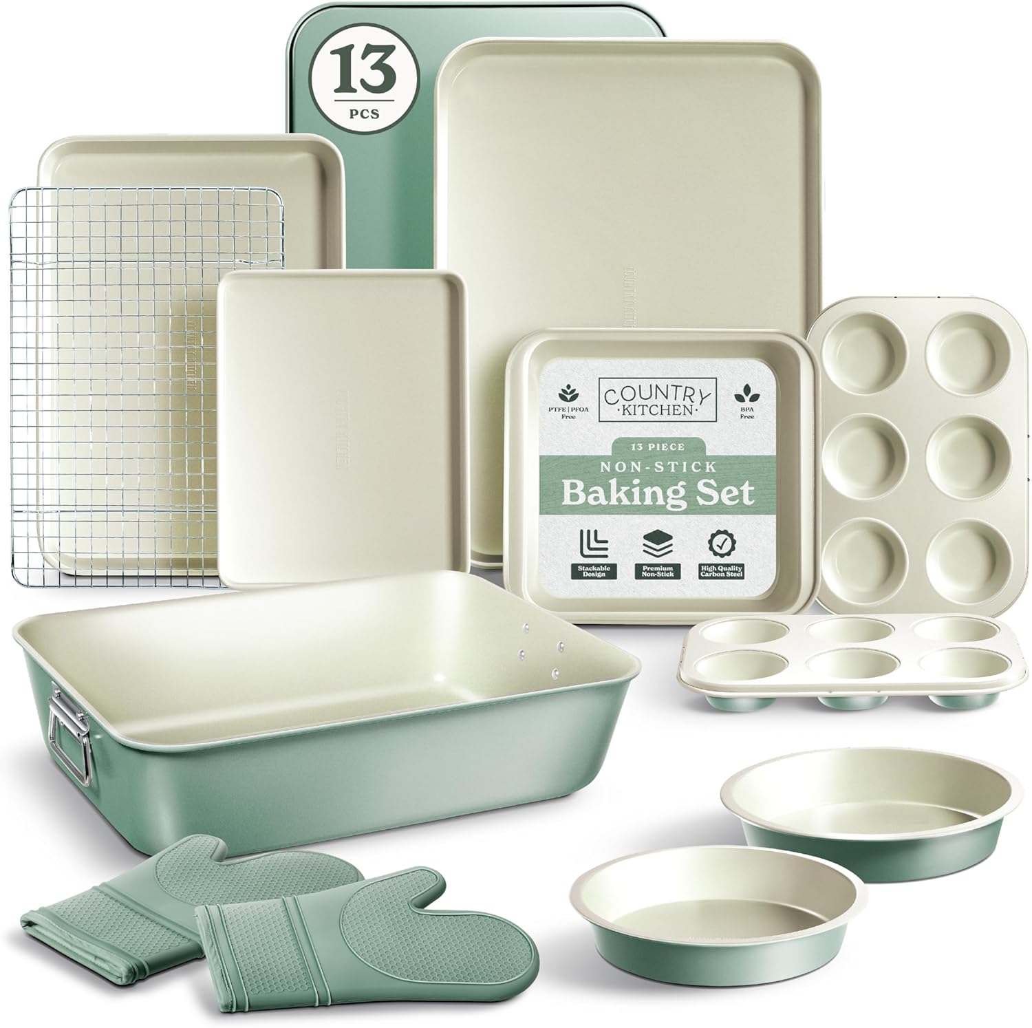Country Kitchen Nonstick Stackable Bakeware Set – Deluxe Heavy Duty, Durable, Easy Release Baking Set, Sage, 13 Pcs with Handles