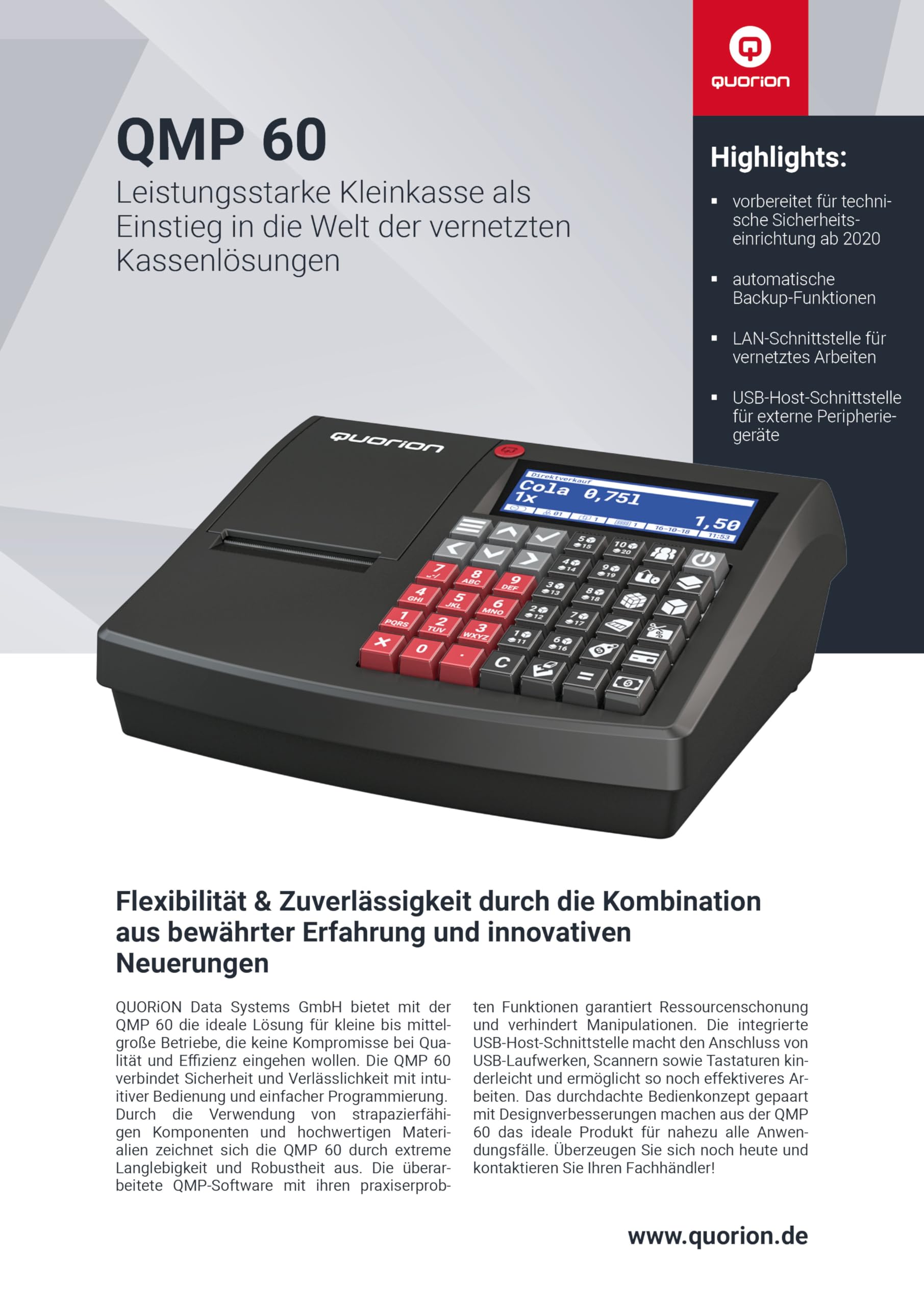 Kassensystem QMP 60 Registrierkasse inklusive TSE USB-Stick mit 3 Jahren Laufzeit, progr. Tastatur und Software für Handel, Kiosk, Friseur, Bäckereien