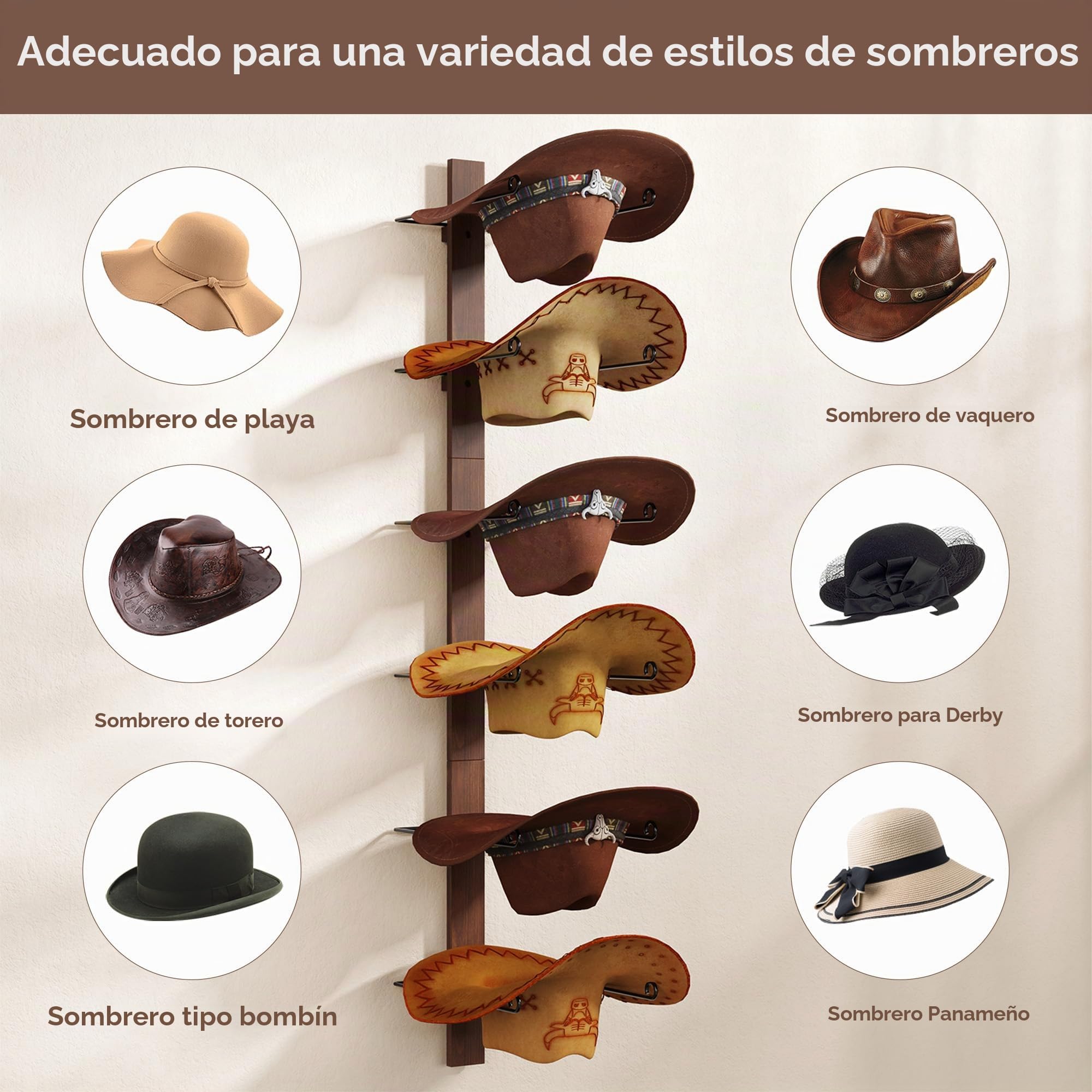 Estante para sombrero de vaquero, soporte de metal para sombrero de vaquero con tabla de madera, 6 piezas para sombrero de pared