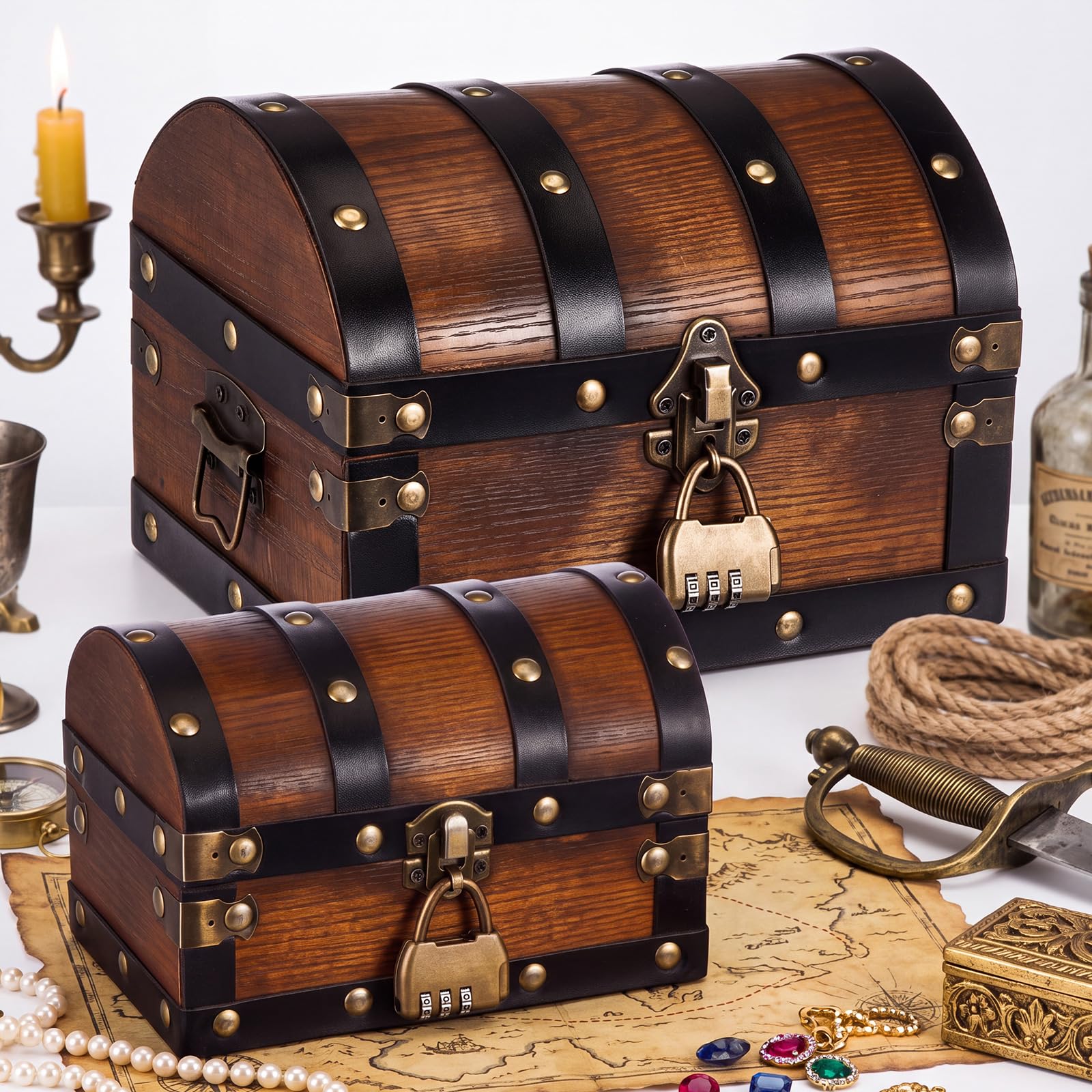 Vicenpal 2 Pack Handmade Pirate Treasure Chest Box with Lock &amp; Lid