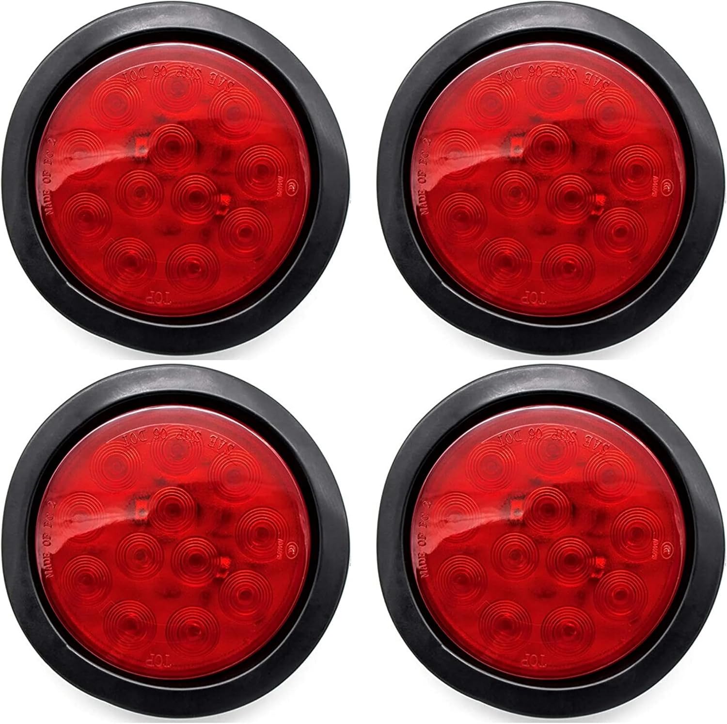 4" Inch White 12 LED Round Stop/Turn/Tail/Reverse/Backup Trailer Truck Flatbed RV Camper Bus Light Kit with 3 wire Pigtail Plug & Grommet (White, 4)