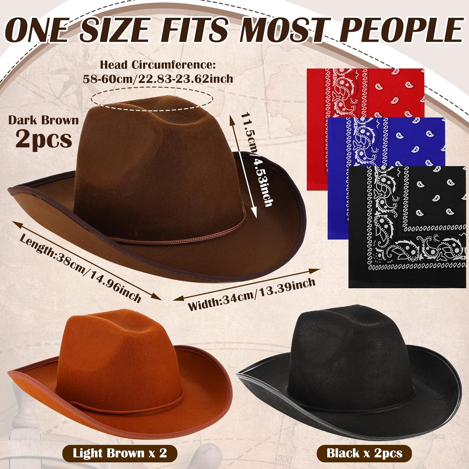 6 Sets Adult Cowboy Hat for Women and Men Western Cowgirl Hats with Adjustable Drawstring and Cowboy Party Paisley Bandana - Image 3