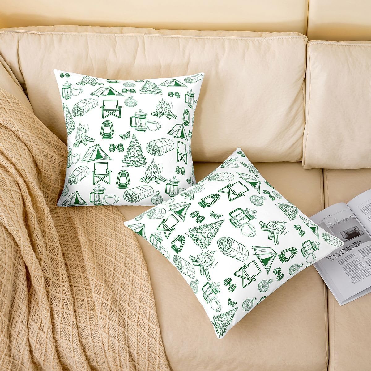 Happy Camping Throw Pillow Covers 16x16 Green Lantern Campfire for Cabin Room Decor Cushion Cover Camping Accessories Wild Adventure Throw Pillow Case For Bed Sofa Rustic Farmhouse Style Home Decor image 3