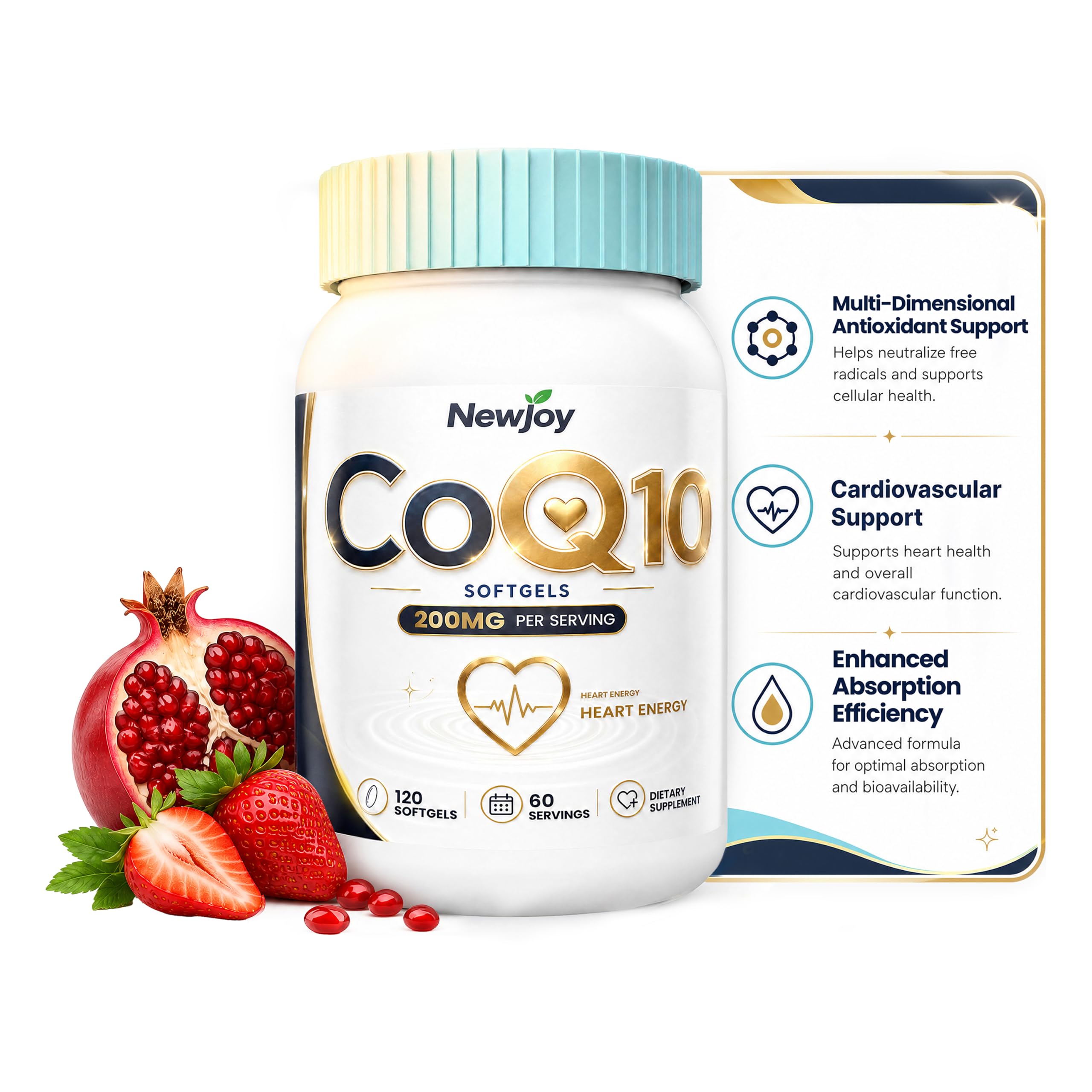 NewJoy CoQ10 200mg Mini Softgels with Vitamin E & Coconut Oil Base, 120 Count, High Absorption Ubiquinone Coenzyme Q10 Supplement, Supports Heart Health, Cellular Energy & Antioxidant Defense, Non-GMO