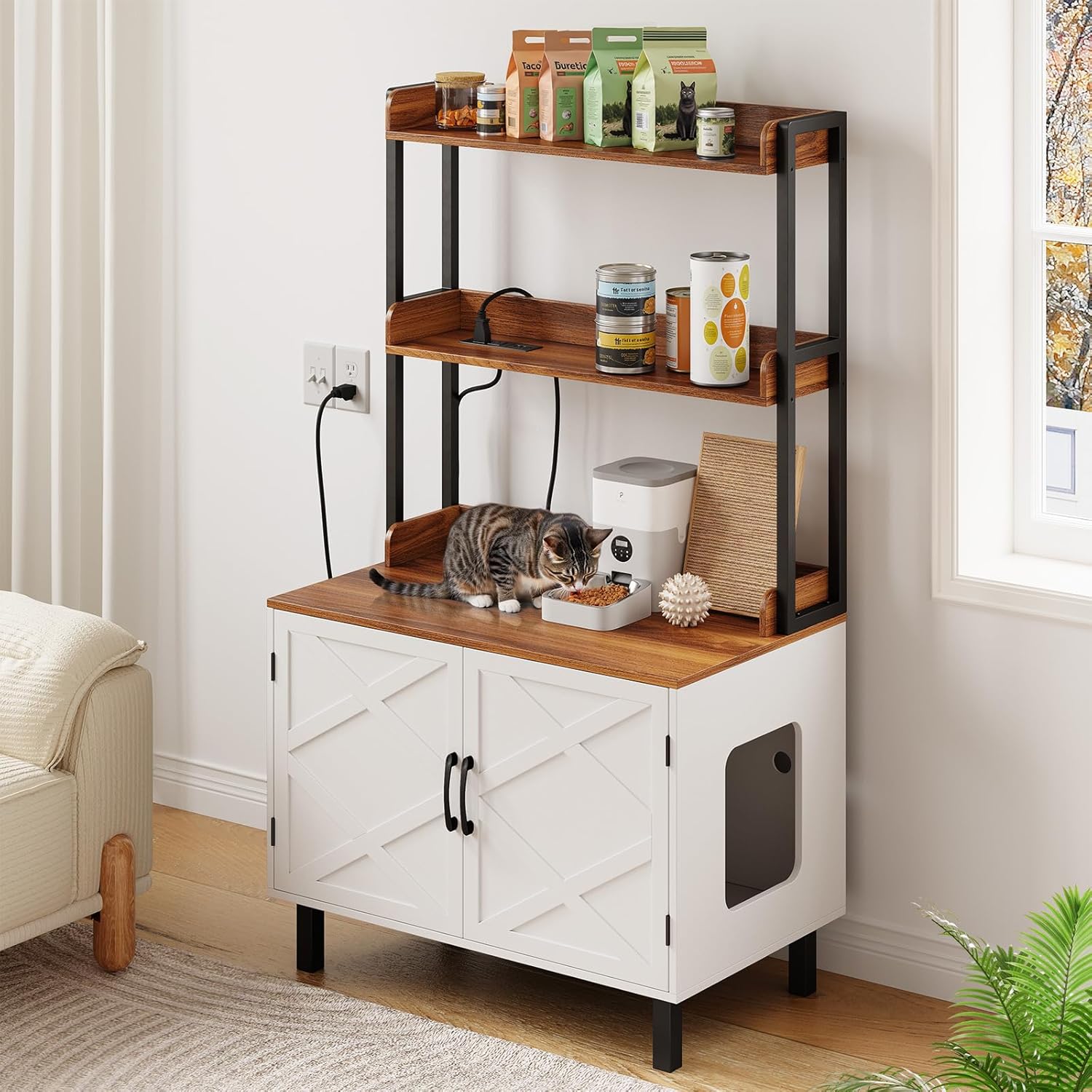 ONBRILL 55 Inches Cat Litter Box Enclosure, Hidden Litter Box Furniture with 2 Storage Shelves and Charging Sockets, Wooden Cat House, Large Indoor Cabinet for Living Room & Entryway, White