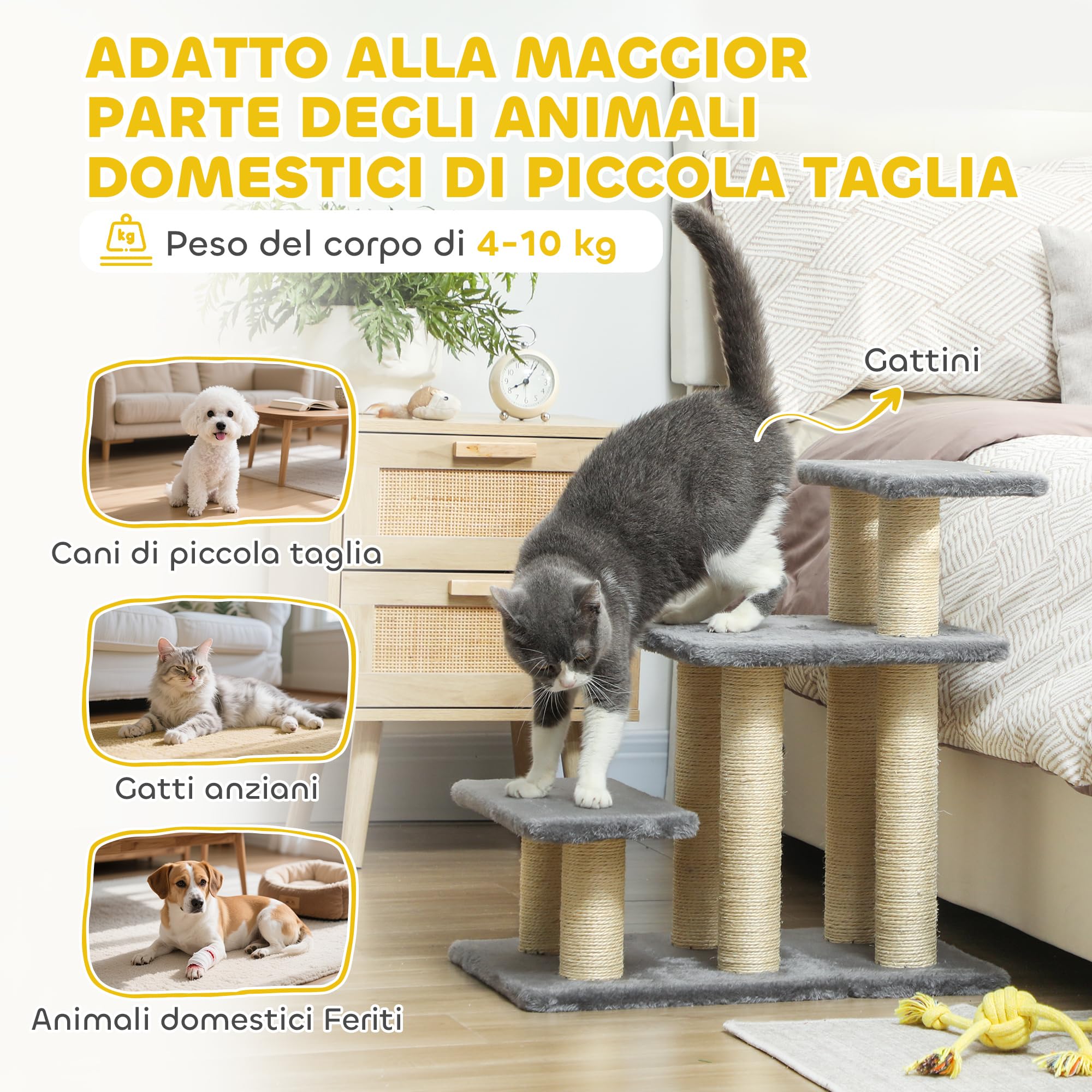 PawHut Scaletta per Cani e Gatti con 3 Scalini in Peluche e Pali Tiragraffi in Sisal, Scala per Cani Piccoli 10 kg o Gatti 5kg, per Letti Alti e Divani, Grigio