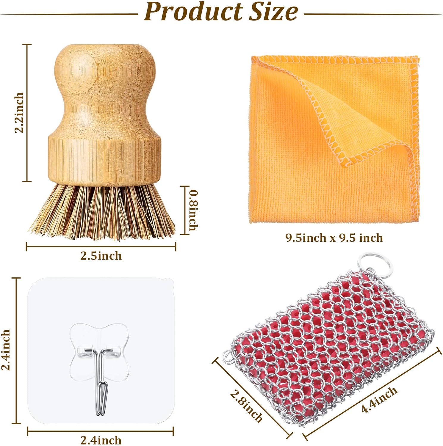 Get Special Price 7 Pieces Cast Iron Skillet Cleaner Kit Include Stainless Steel Chainmail Scrubber with Bamboo Dish Brush Hot Handle Holder 2 Pan Grill Scrapers Kitchen Towel Wall Hook