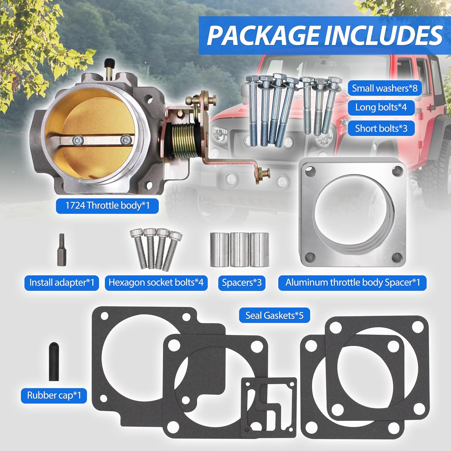 1724 62mm Throttle Body for High Flow Power Plus Series with a Complete Throttle Body Spacer Replacement for BBK,Compatible With Jeep 4.0L 1991-2003 and Just for Cherokee 1998-2001 4.0L