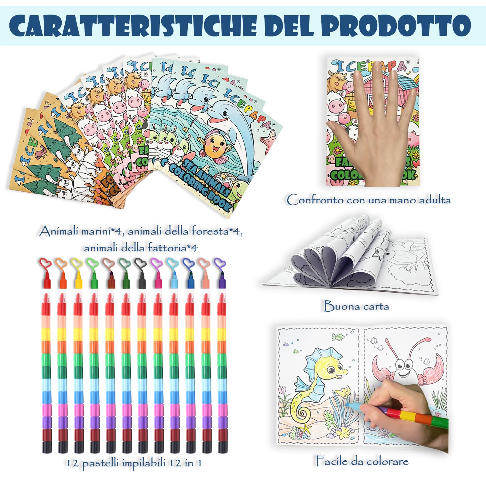 ICEPAPA, 12 Libri da Colorare e 12 Pastelli a Cera Impilabili (12 Colori in 1), Perfetti per Gadget Compleanno Bambini, Regalini e Fine Festa