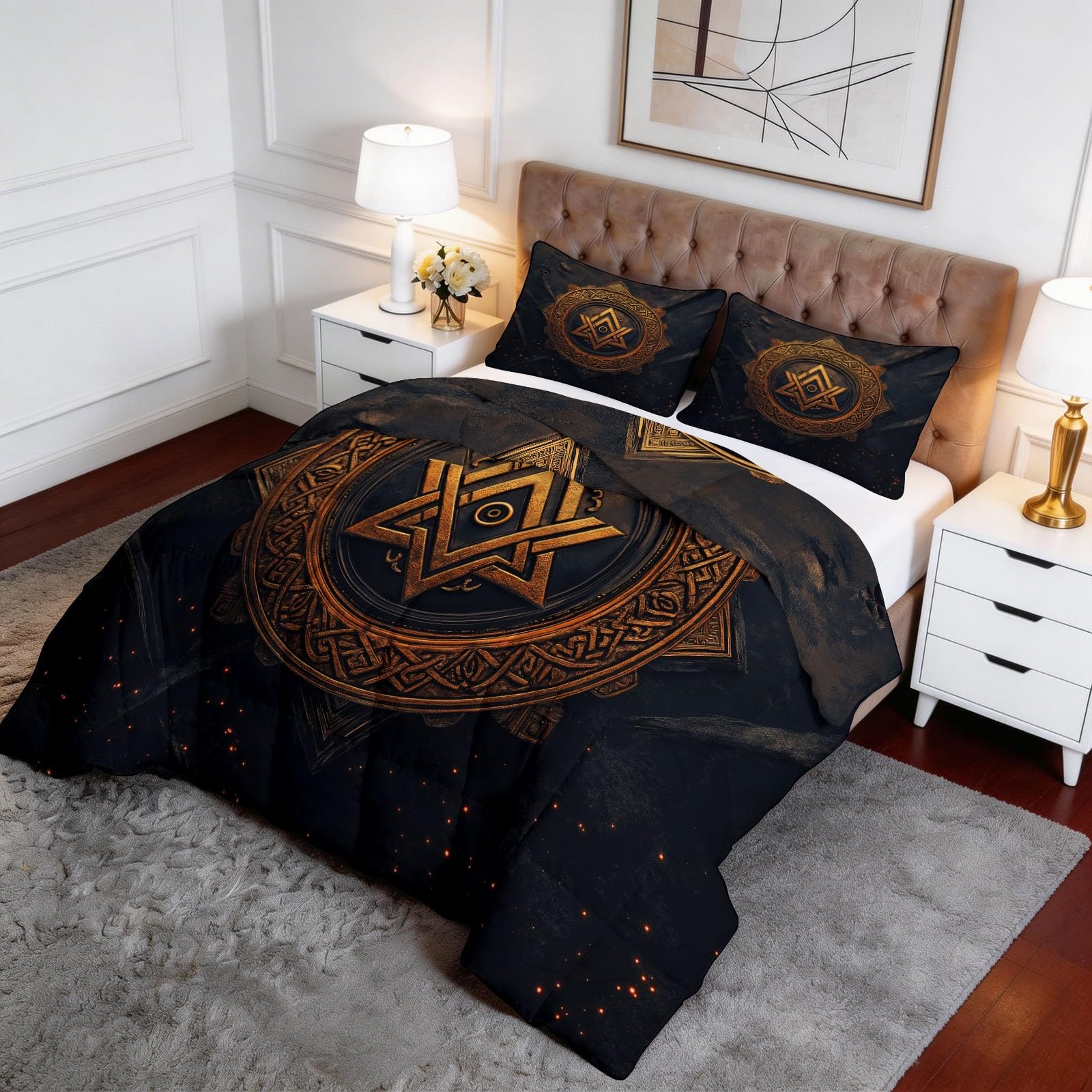Genérico Kołdra kołdra pikowana 220 x 220 cm Vikings Runy, wypełnienie wypełnienia 400 g/m² - Komfort termiczny na 4 pory roku, antyalergiczna - 3-częściowy zestaw, dla dzieci i dziewcząt, granatowa