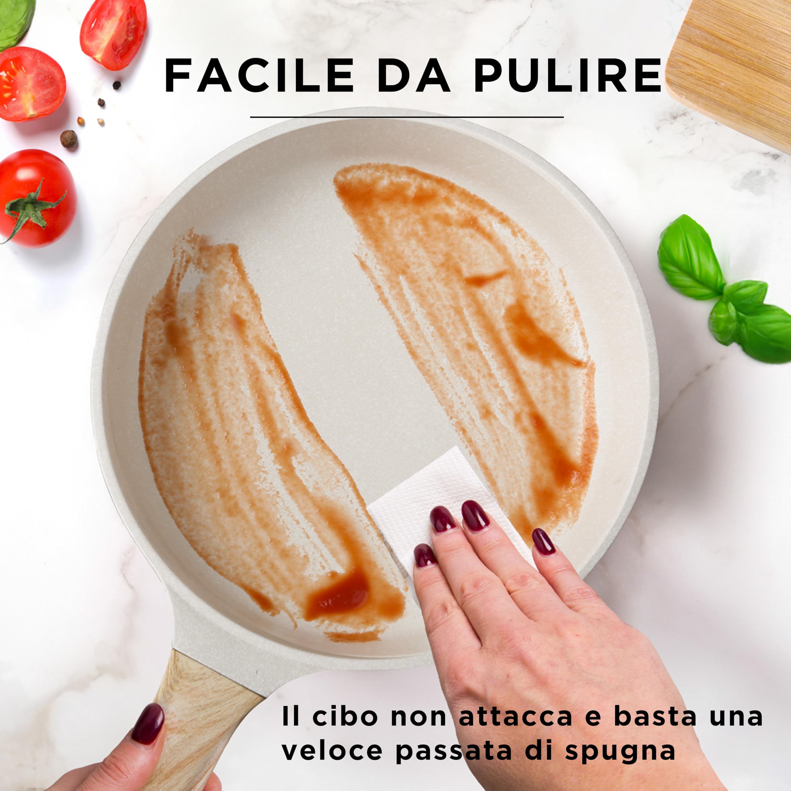 KASANOVA Batteria pentole antiaderenti 6 pezzi Bambù, Padelle e casseruole per induzione e tutti i piani cottura, Set pentole bianco con manici effetto legno