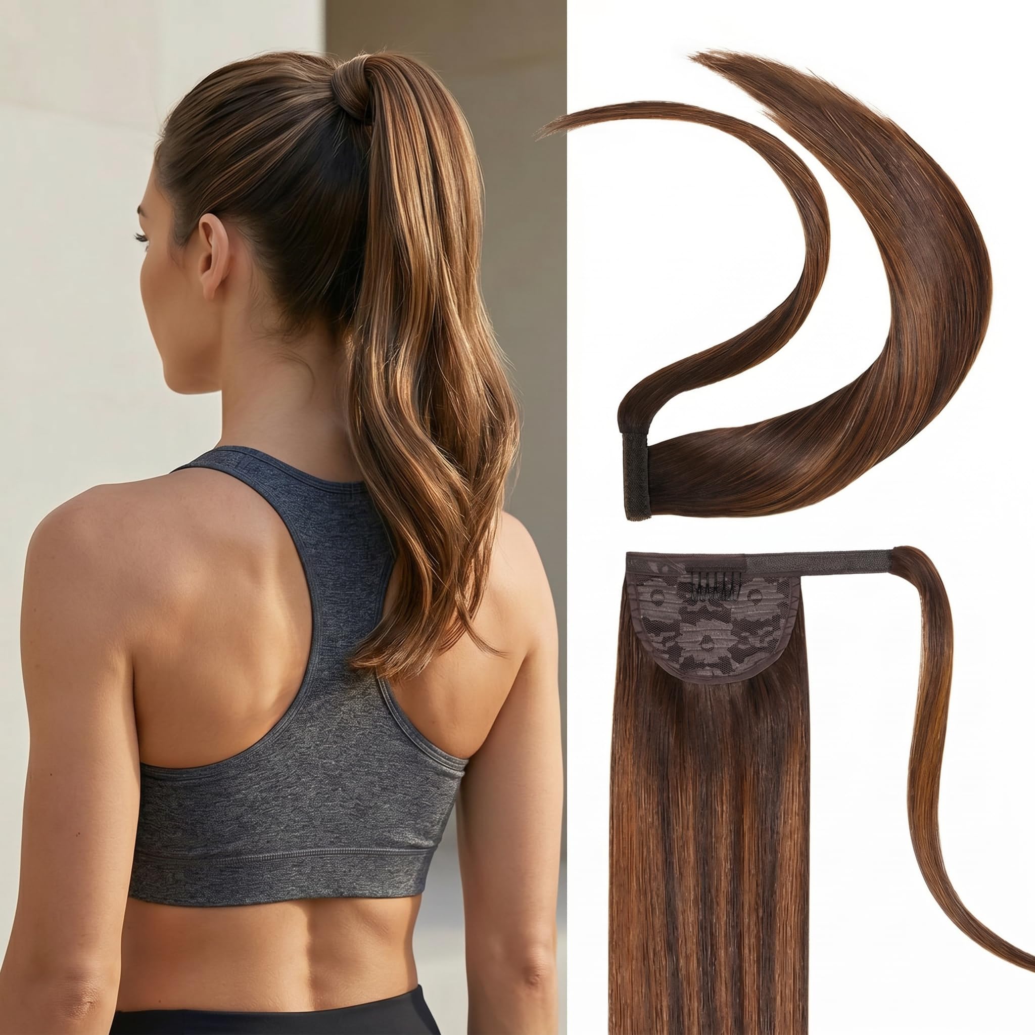 Photo 1 of Amoy Performance Ponytail Extension, 100% Remy Human Hair 16 Inch 90g, Balayage Dark Brown to Chestnut Brown, Active-Ready Invisible Wrap Around Hairpiece, Lightweight Tangle-Free Design for Sports